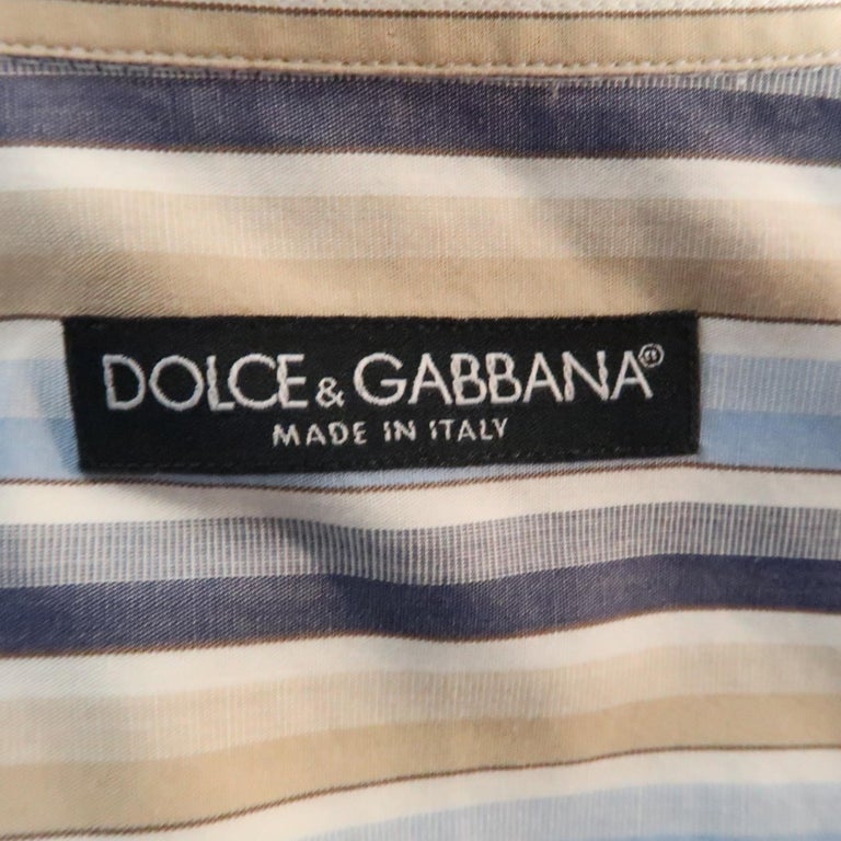 DOLCE and GABBANA Size L Blue and Khaki Stripe Cotton Button Up Long ...