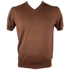 DOLCE & GABBANA Size L Brown Sparkle Wool Blend Short Sleeve Pullover