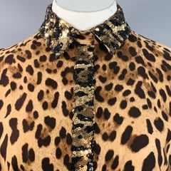 DOLCE & GABBANA Size L Brown Viscose Blend Leopard Sequin Trim Snaps Shirt