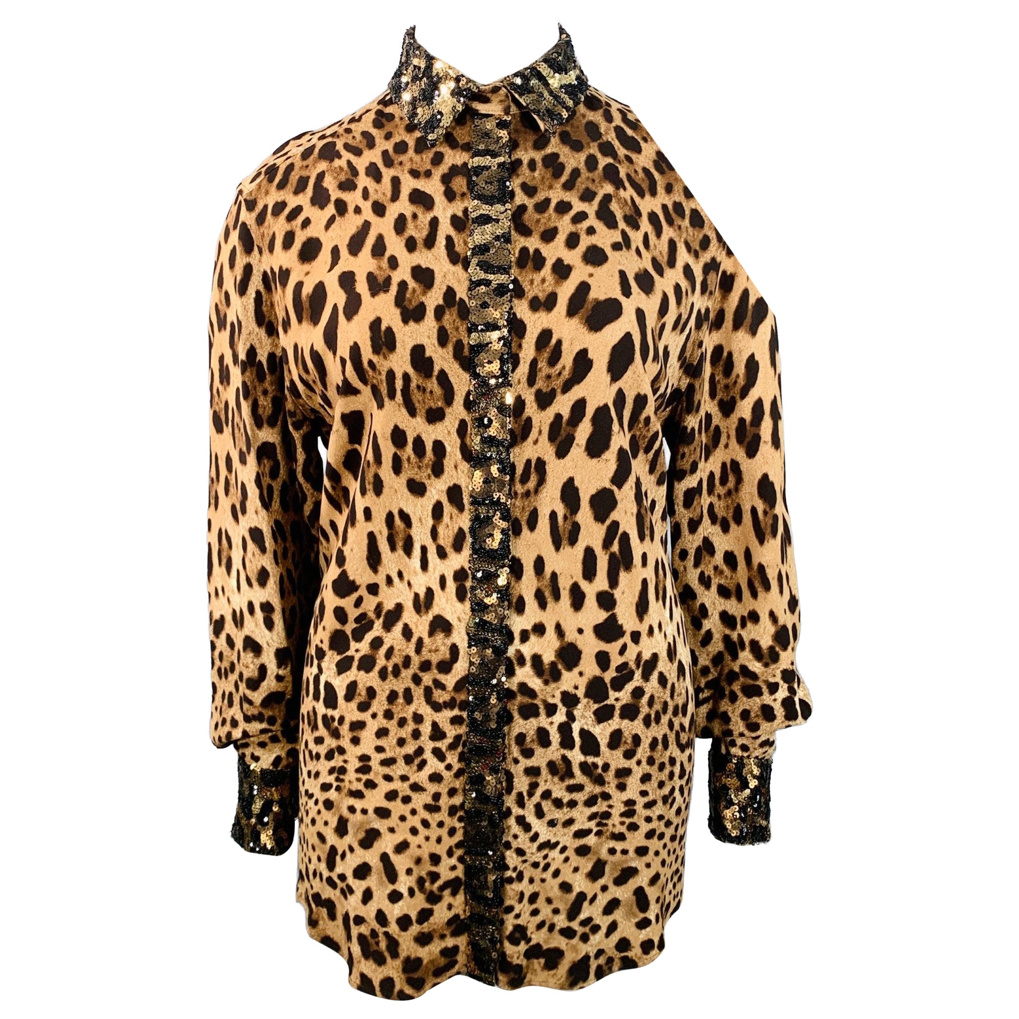 DOLCE & GABBANA Size L Brown Viscose Blend Leopard Sequin Trim Snaps Shirt