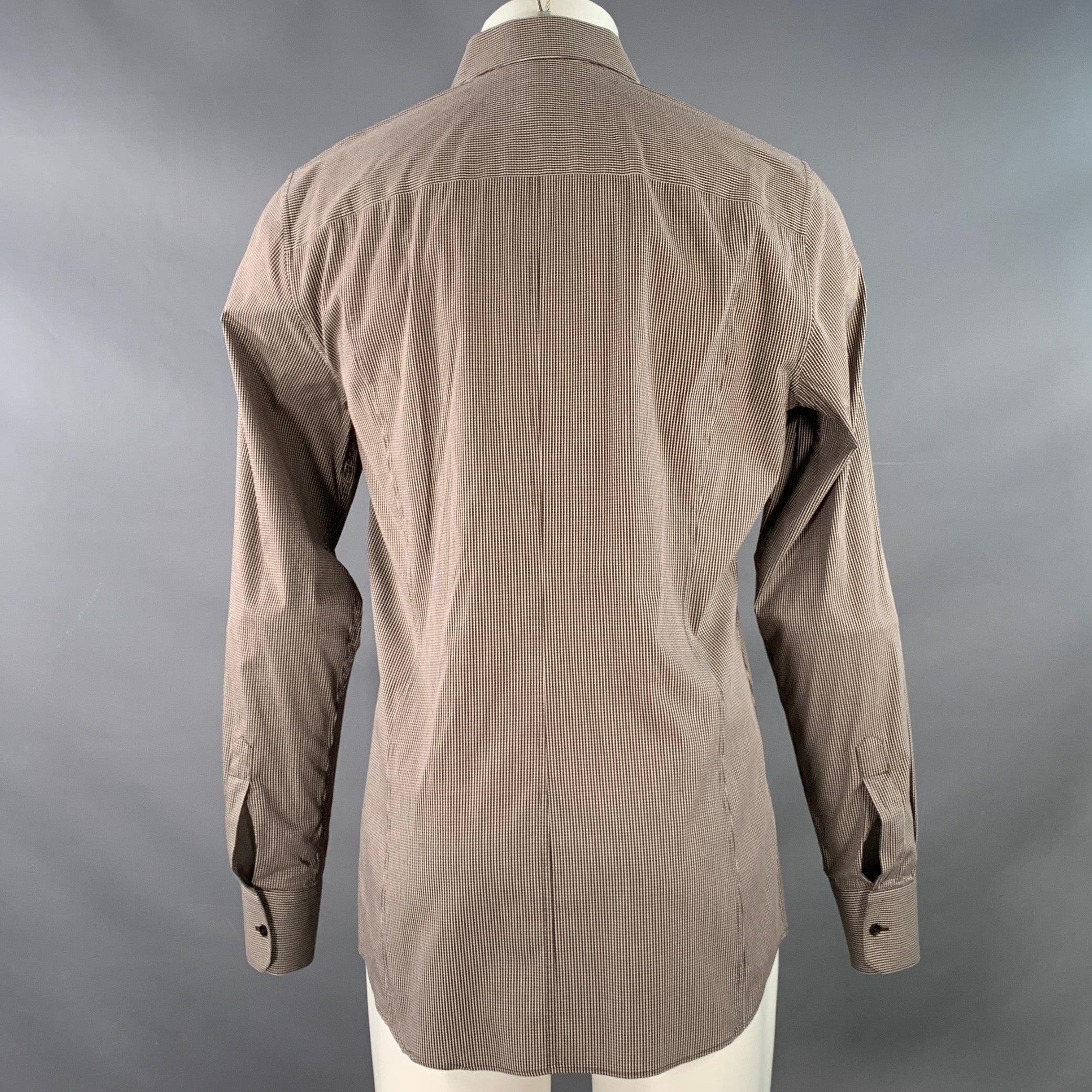 DOLCE & GABBANA Camicia a maniche lunghe in misto cotone con colletto spalmato, marrone e bianco, taglia L.L.A. In condizioni ottime in vendita a San Francisco, CA