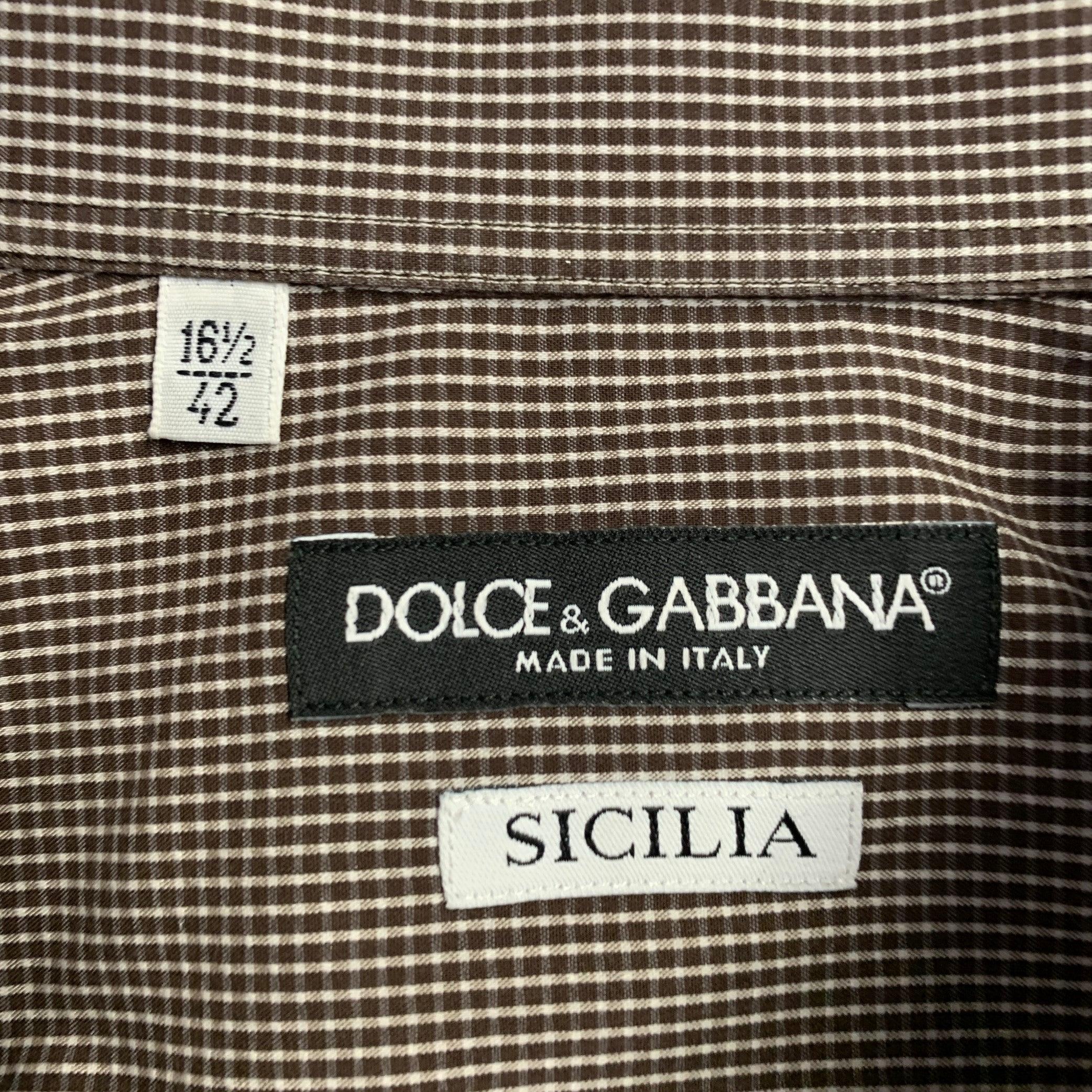 Uomo DOLCE & GABBANA Camicia a maniche lunghe in misto cotone con colletto spalmato, marrone e bianco, taglia L.L.A. in vendita