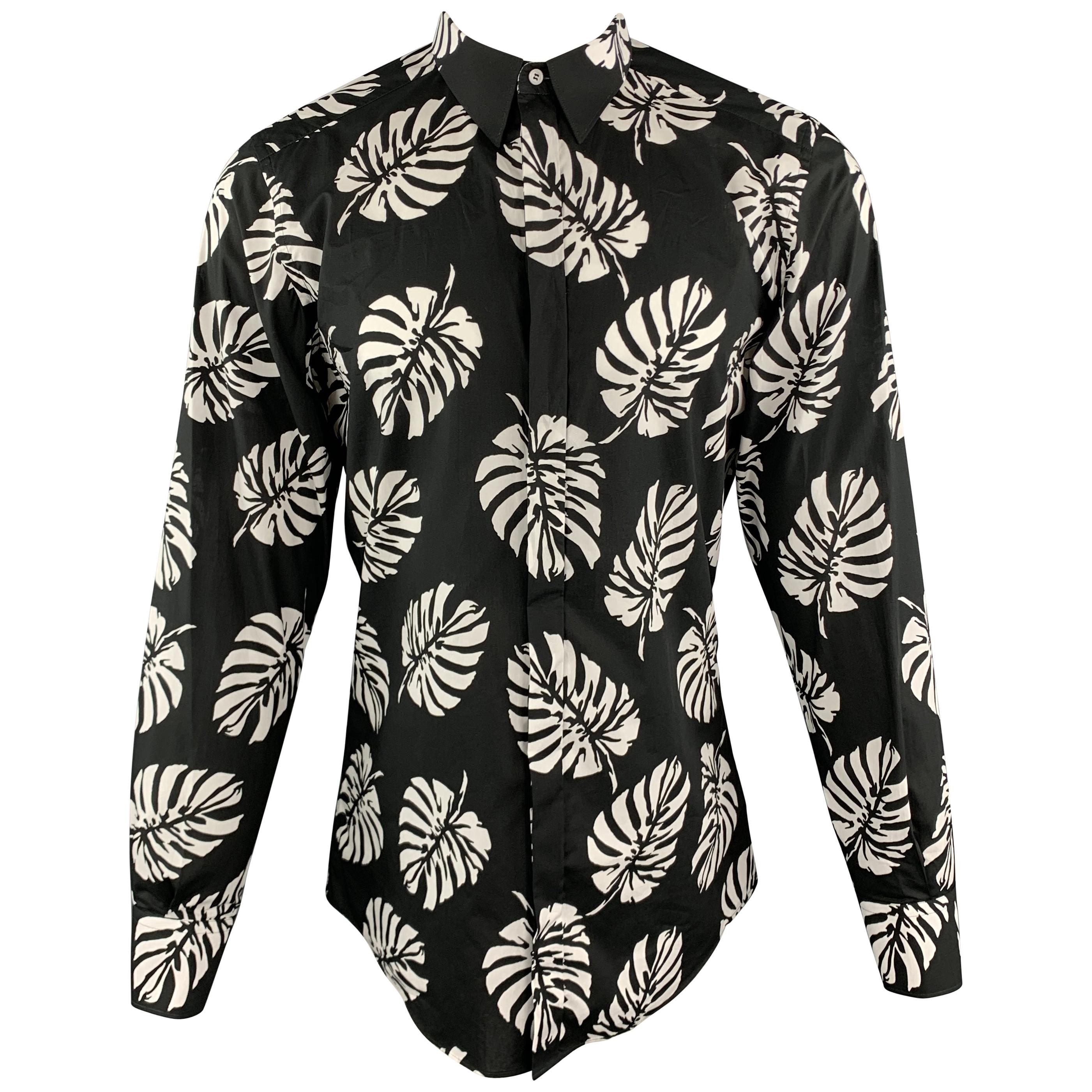 DOLCE & GABBANA Size M Black & White Palm Leaf Print Cotton Shirt