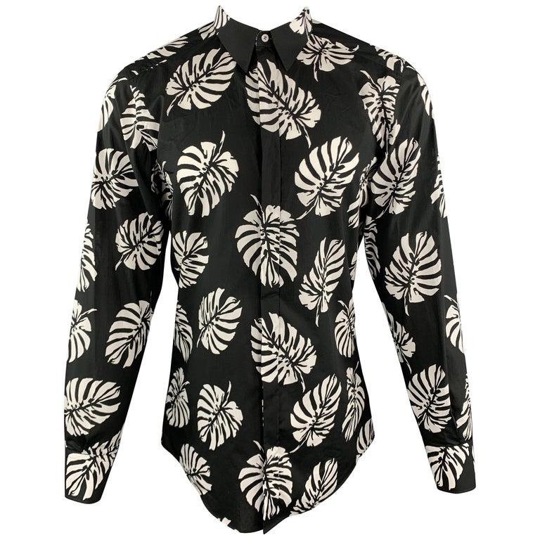 DOLCE and GABBANA Size M Black and White Palm Leaf Print Cotton Shirt ...