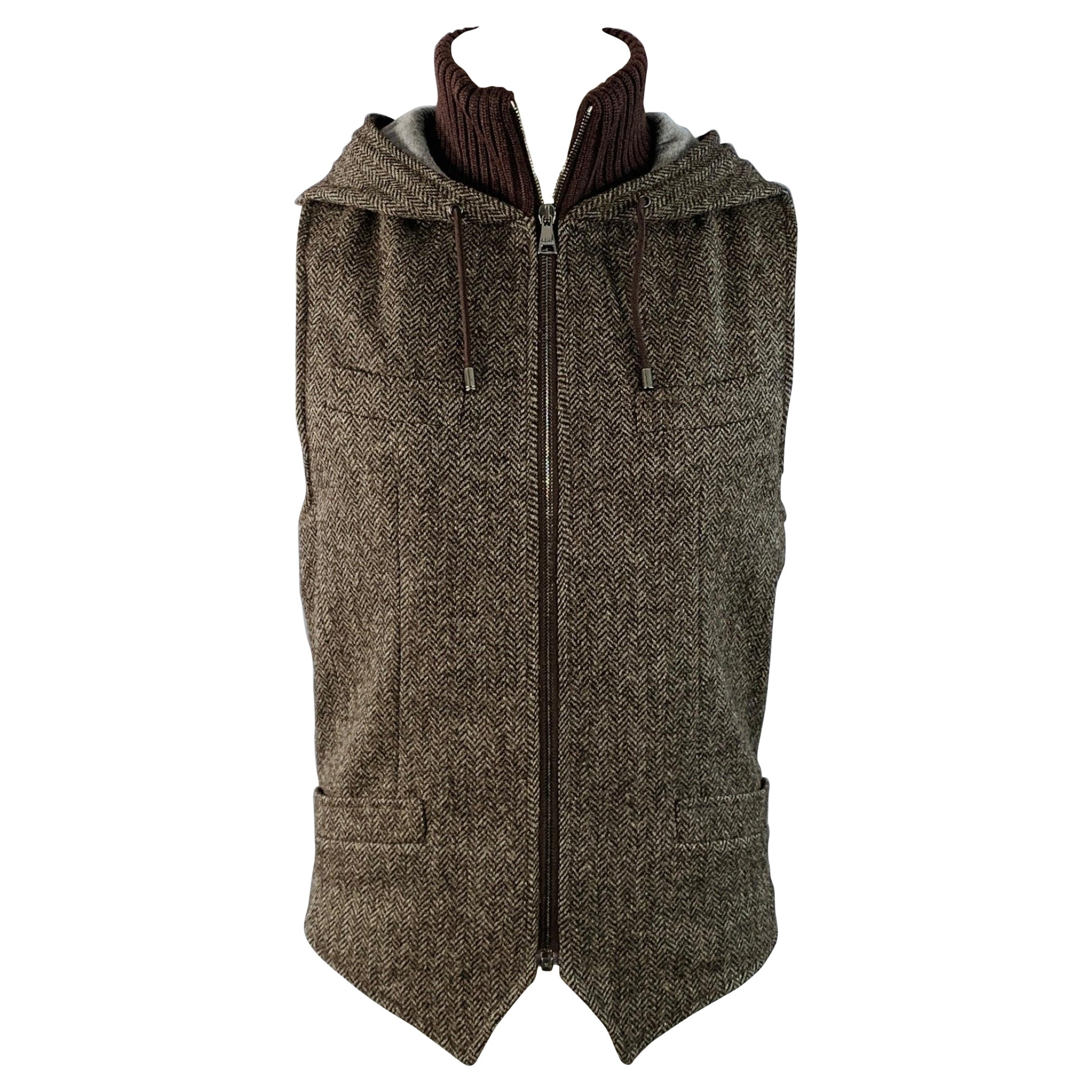 DOLCE 
GABBANA Size M Brown Herringbone Tweed Wool Cotton Zip Up Vest