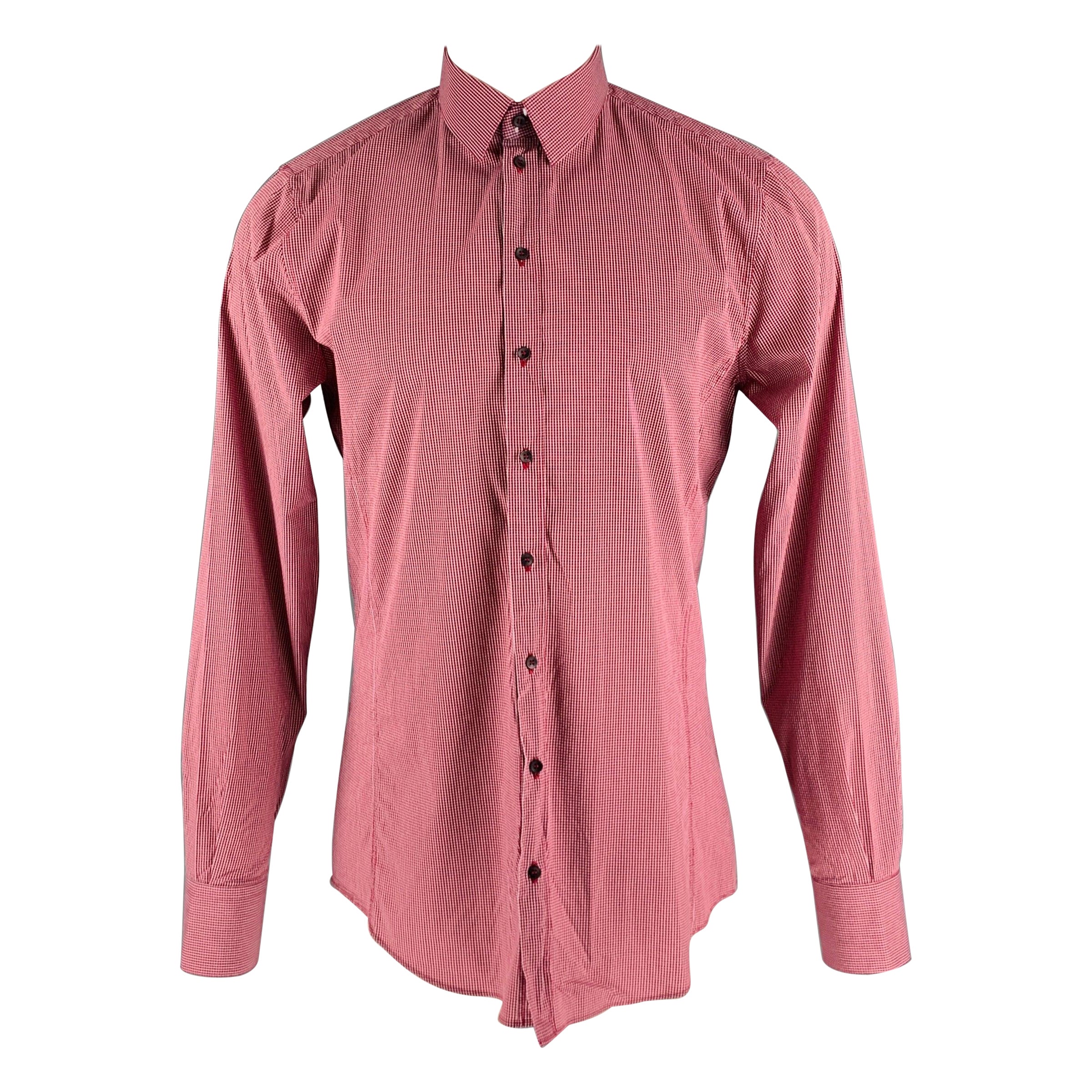DOLCE & GABBANA Talla M Camisa de manga larga abotonada de algodón rojo y blanco con rejilla