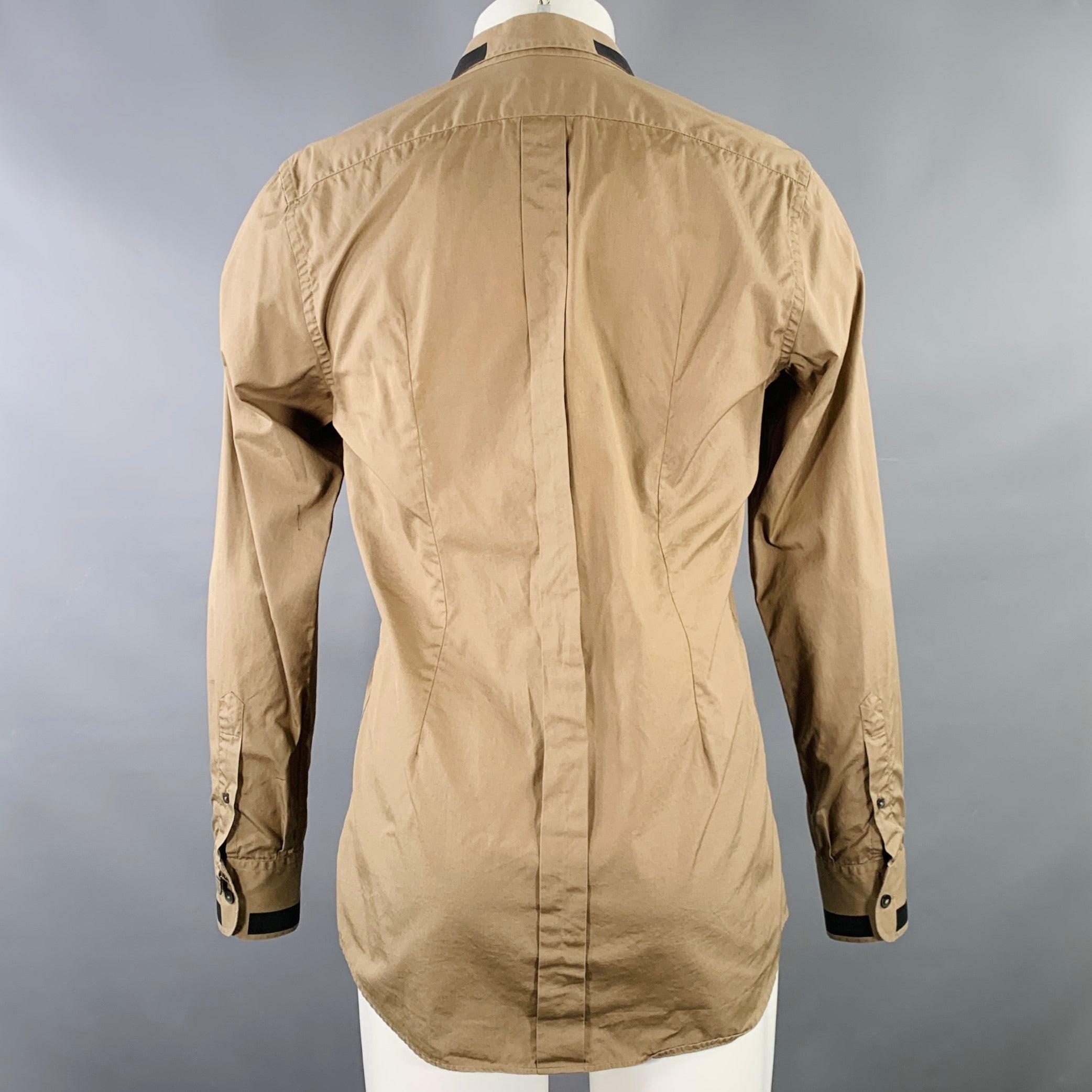 DOLCE & GABBANA Size M Tan Black Cotton Contrast Trim Long Sleeve Shirt In Good Condition For Sale In San Francisco, CA