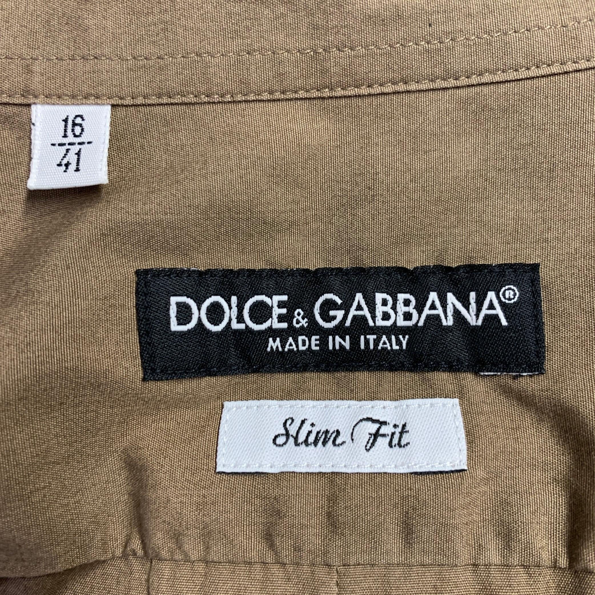 DOLCE & GABBANA Size M Tan Black Cotton Contrast Trim Long Sleeve Shirt For Sale 2