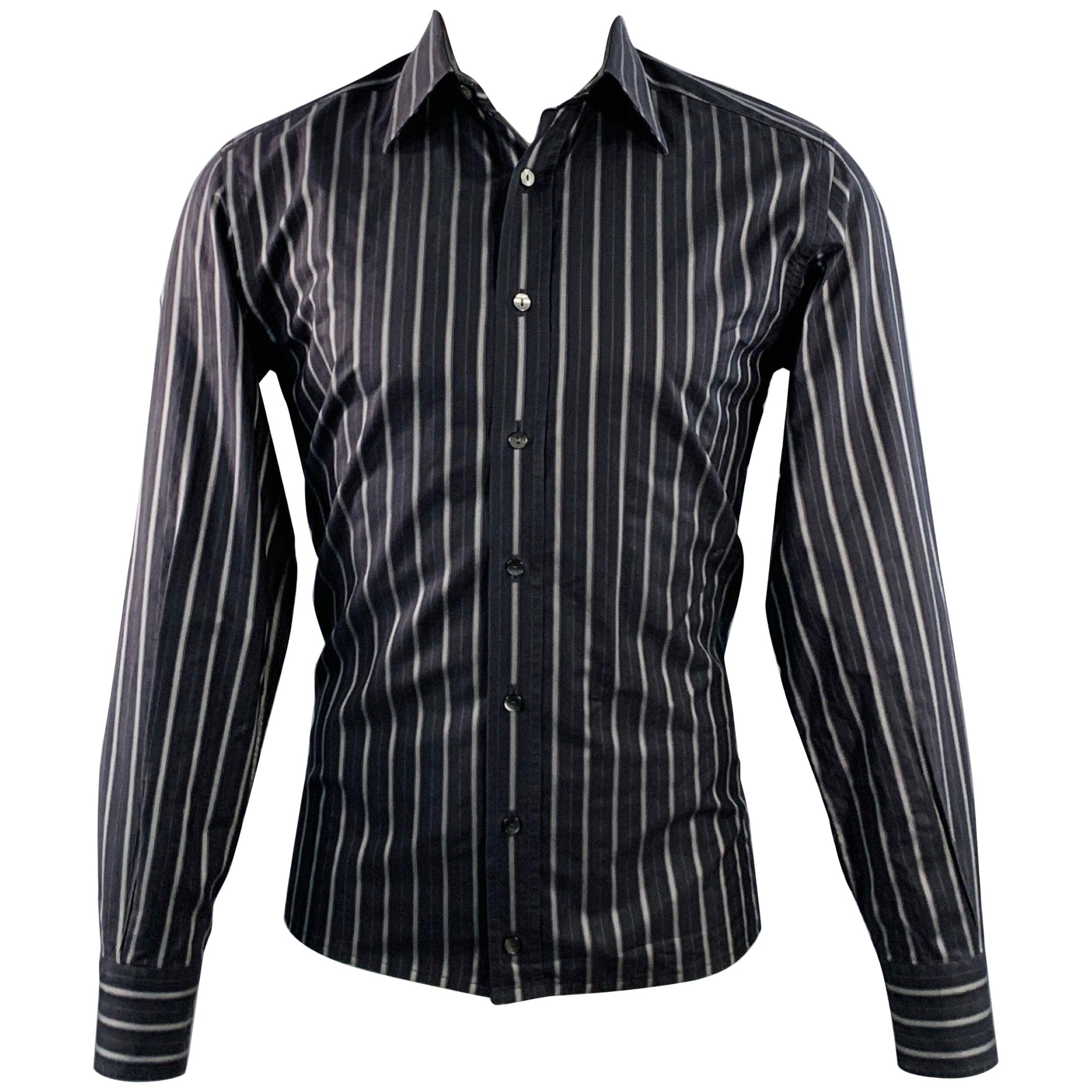 DOLCE 
GABBANA Size S Black Grey Stripe Cotton Curved Cutaway Long Sleeve Shirt