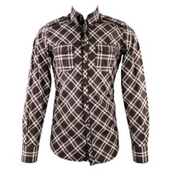 DOLCE & GABBANA Taglia S Marrone Grigio Plaid Cotone Due Tasche Camicia Manica Lunga