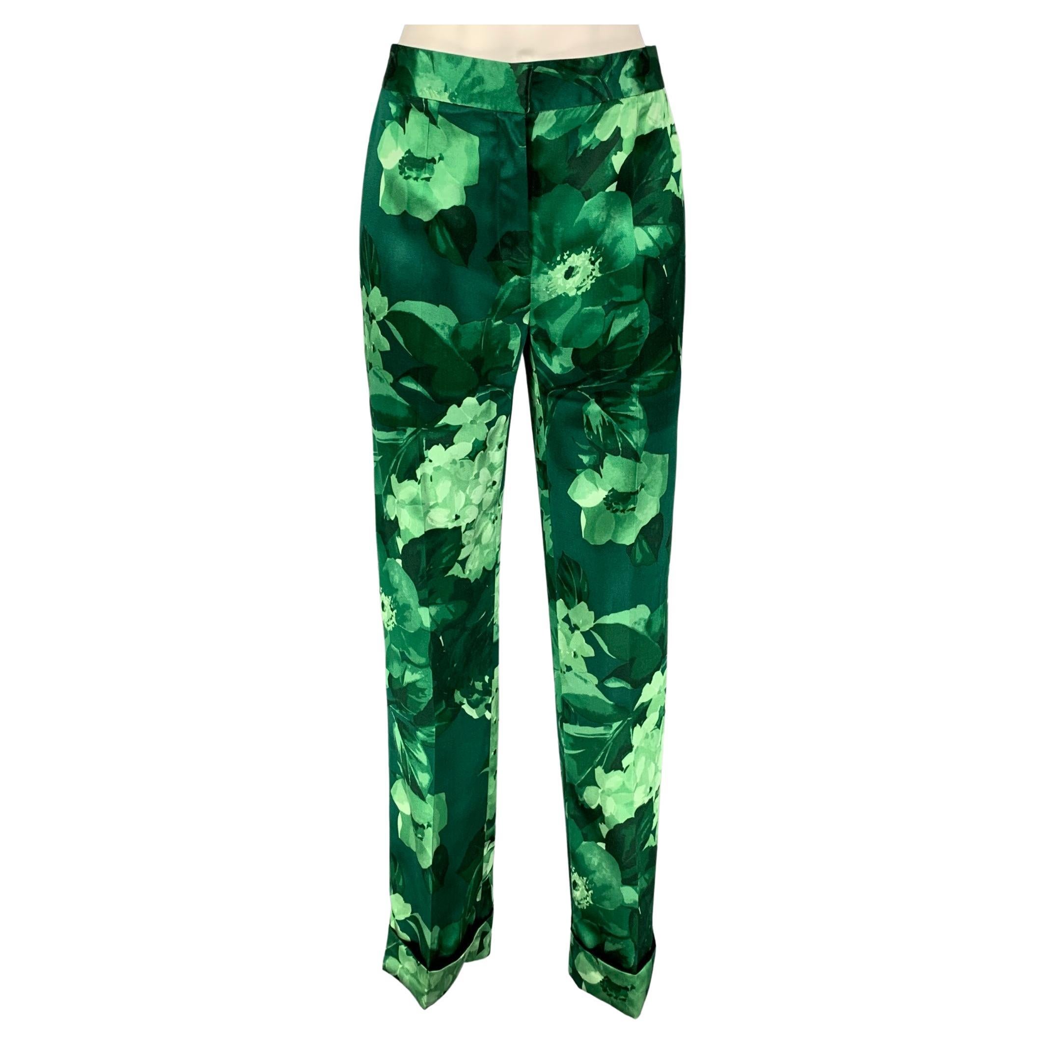 DOLCE 
GABBANA Size S Green Black Silk Floral Cropped Dress Pants