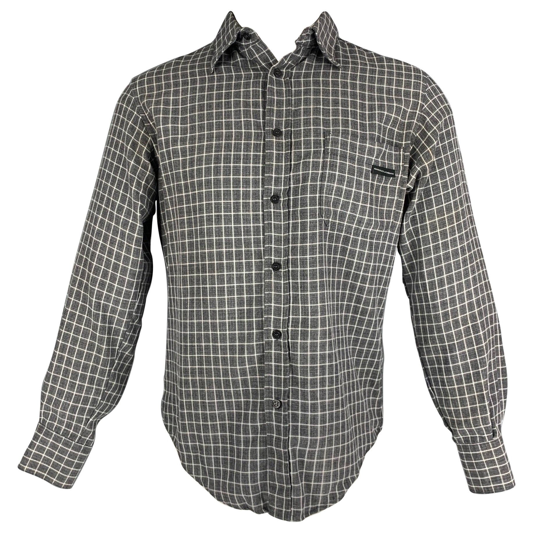 DOLCE & GABBANA, chemise à manches longues en laine et rayonne à carreaux gris et blancs, taille S