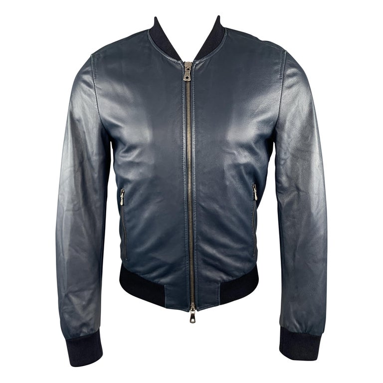 DOLCE and GABBANA Size S Navy Leather Bomber Jacket at 1stDibs