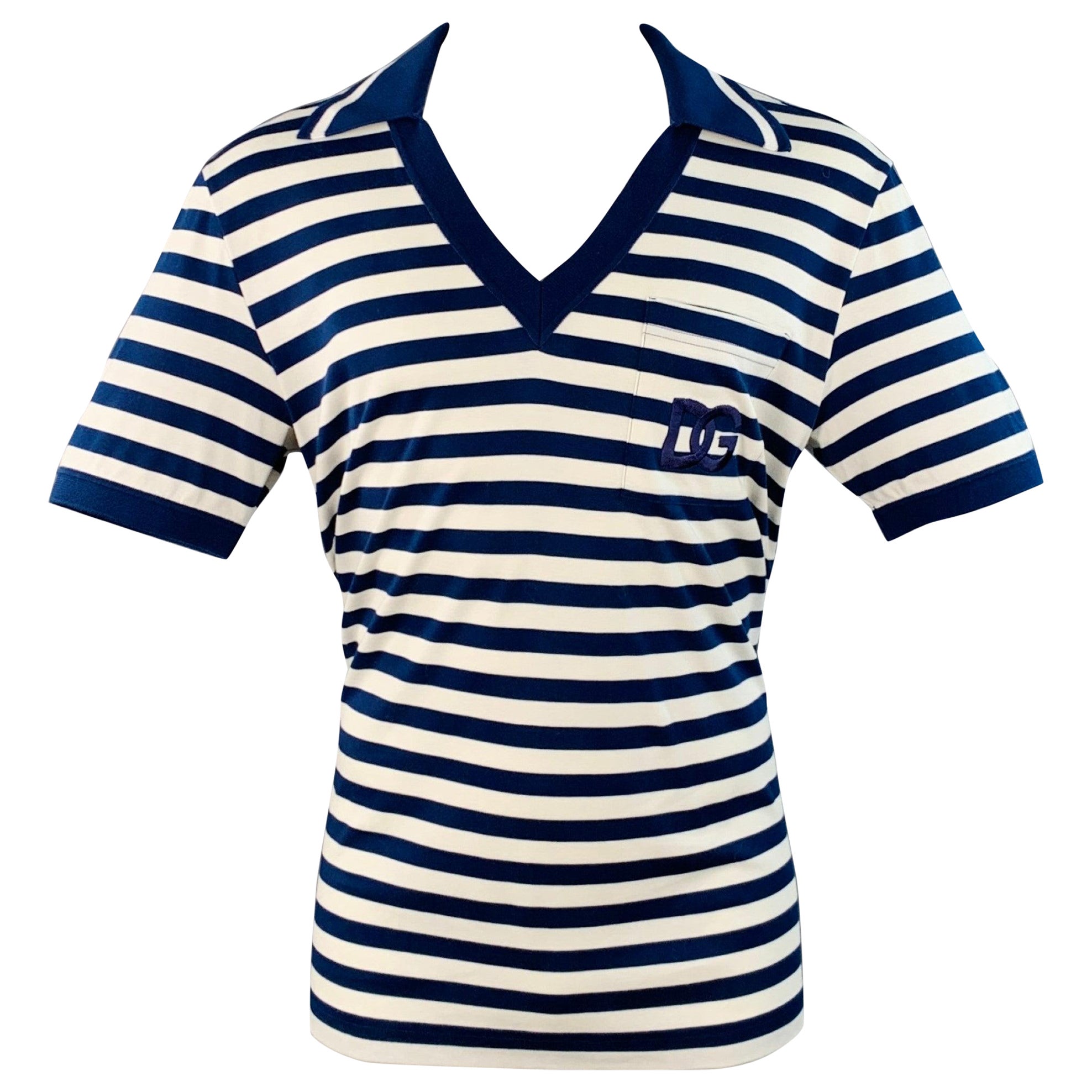 DOLCE & GABBANA Polo de un bolsillo de algodón a rayas azul marino blanco talla S en venta