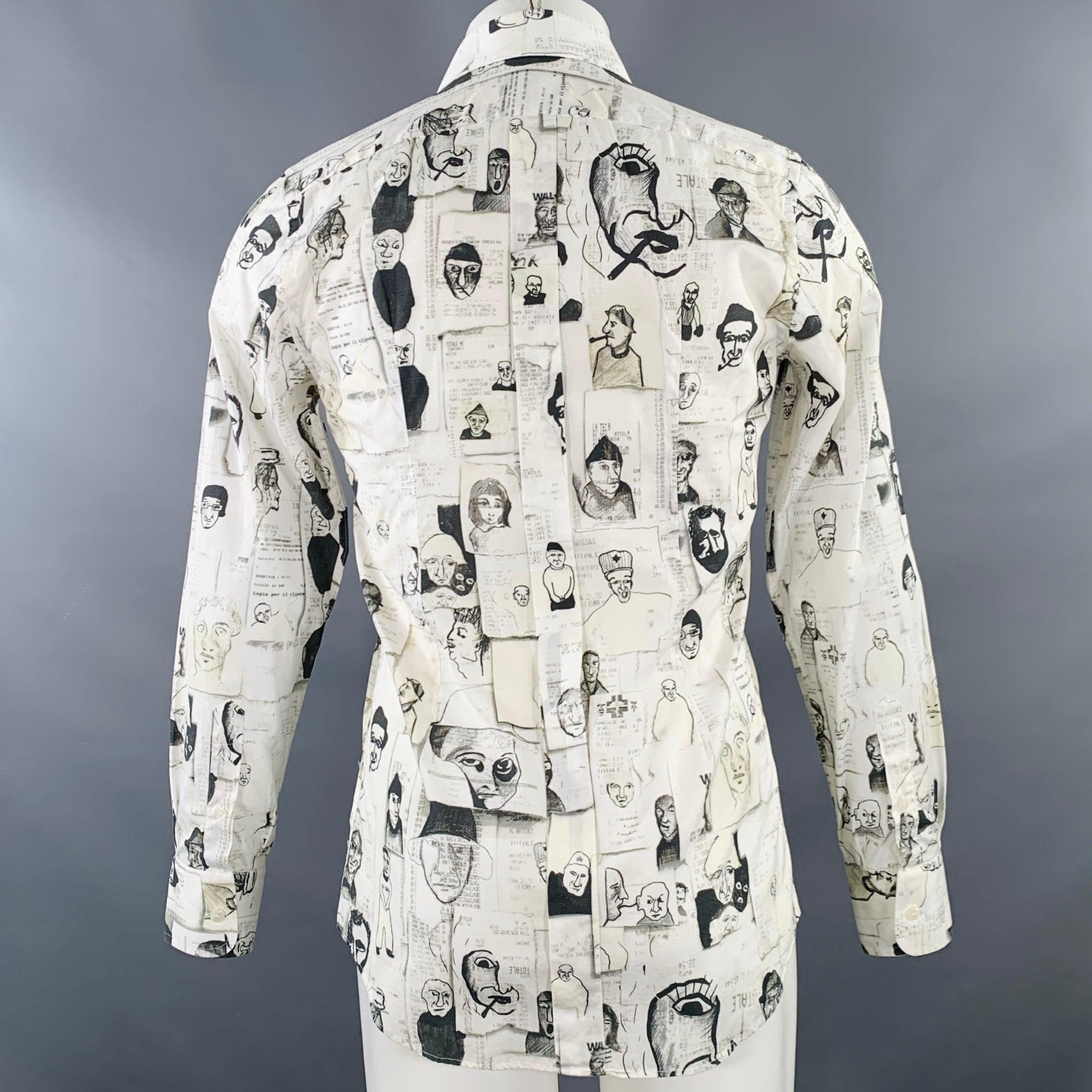 DOLCE & GABBANA Size S White Black Figures Cotton Button Up Long Sleeve Shirt In Excellent Condition In San Francisco, CA