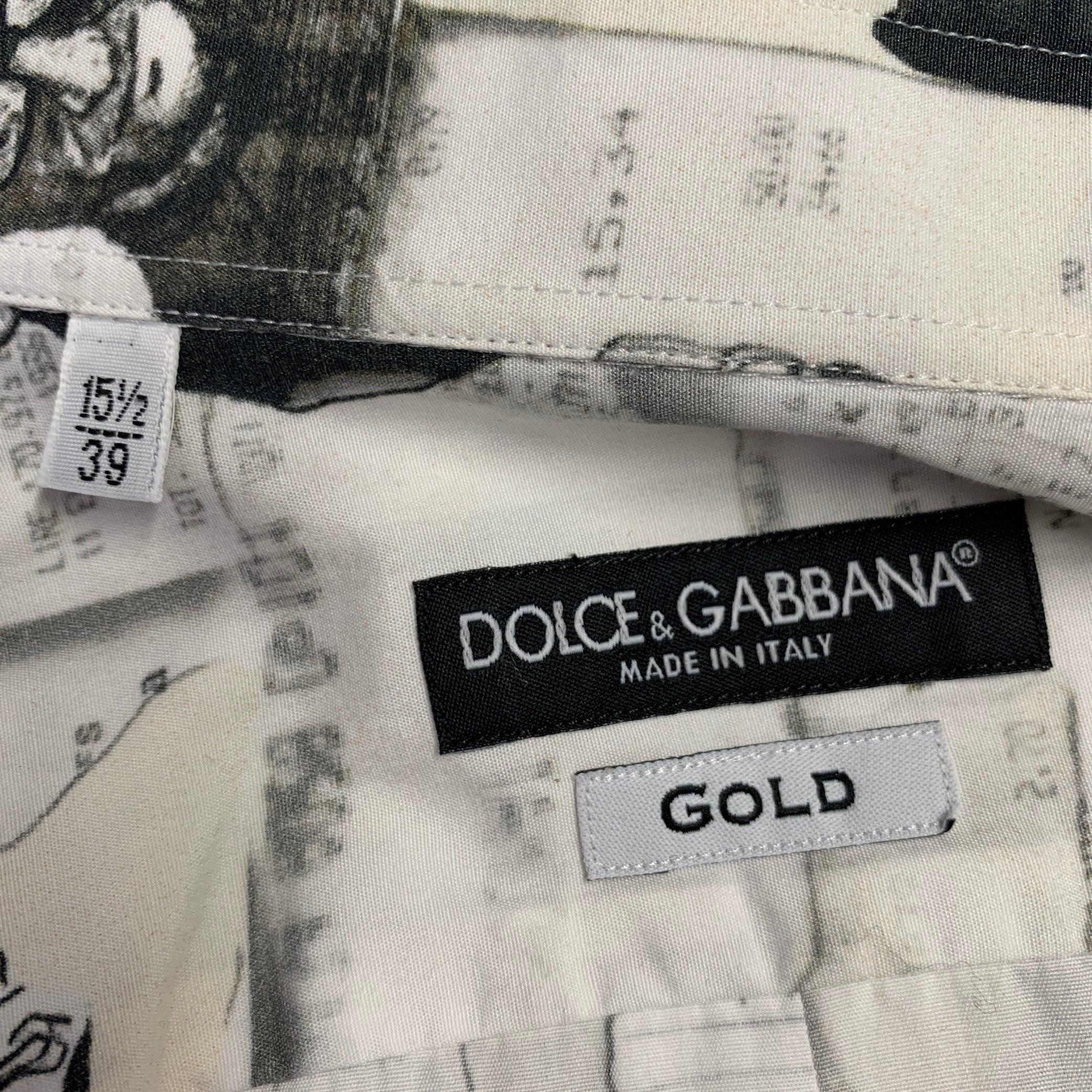 Men's DOLCE & GABBANA Size S White Black Figures Cotton Button Up Long Sleeve Shirt