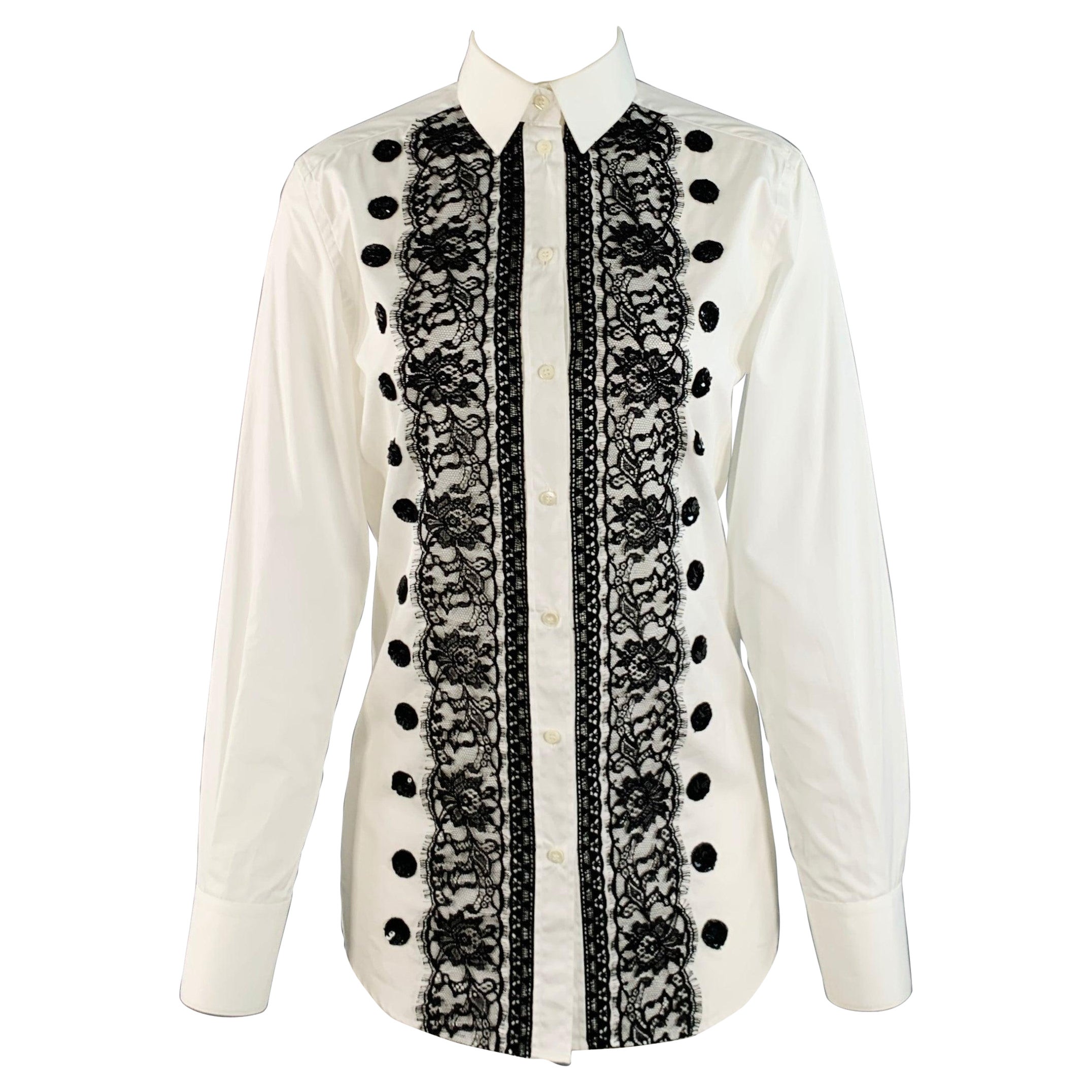 DOLCE 
GABBANA Size XS White Black Cotton Blend Lace Trim Sequins Button Up Shirt