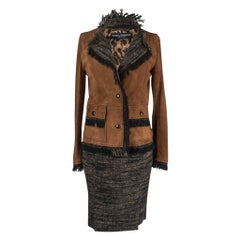 Dolce & Gabbana Skirt Set Suede with Tweed and Leather Buttons 42 / 8