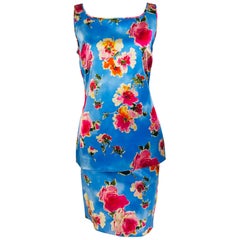 Dolce & Gabbana Sky Blue Photo Floral Silk Print Skirt Set