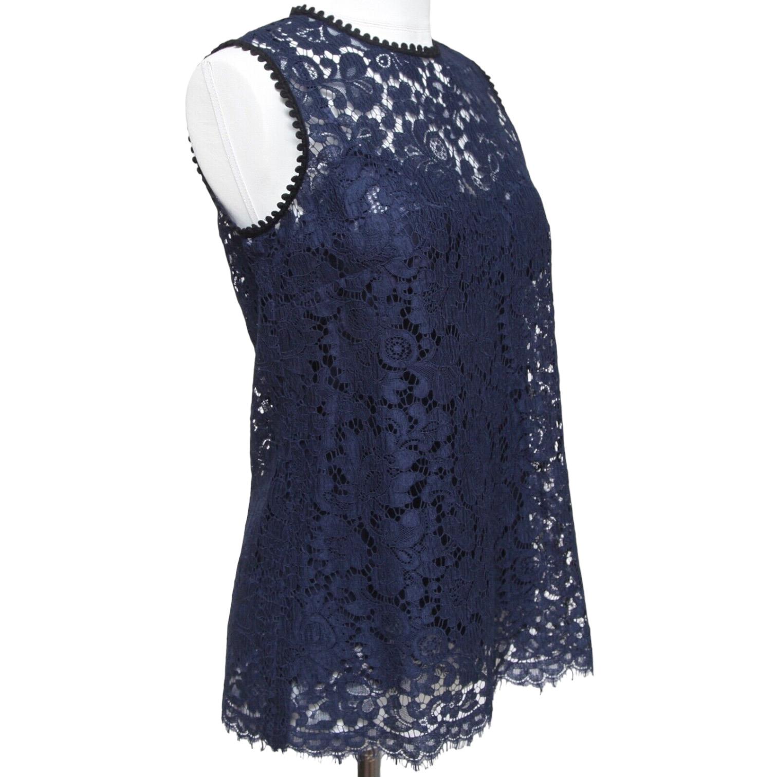 DOLCE & GABBANA Blouse Shirt Top Navy Blue Black Sleeveless Lace Sz 40 Ret $1495 In New Condition For Sale In Hollywood, FL