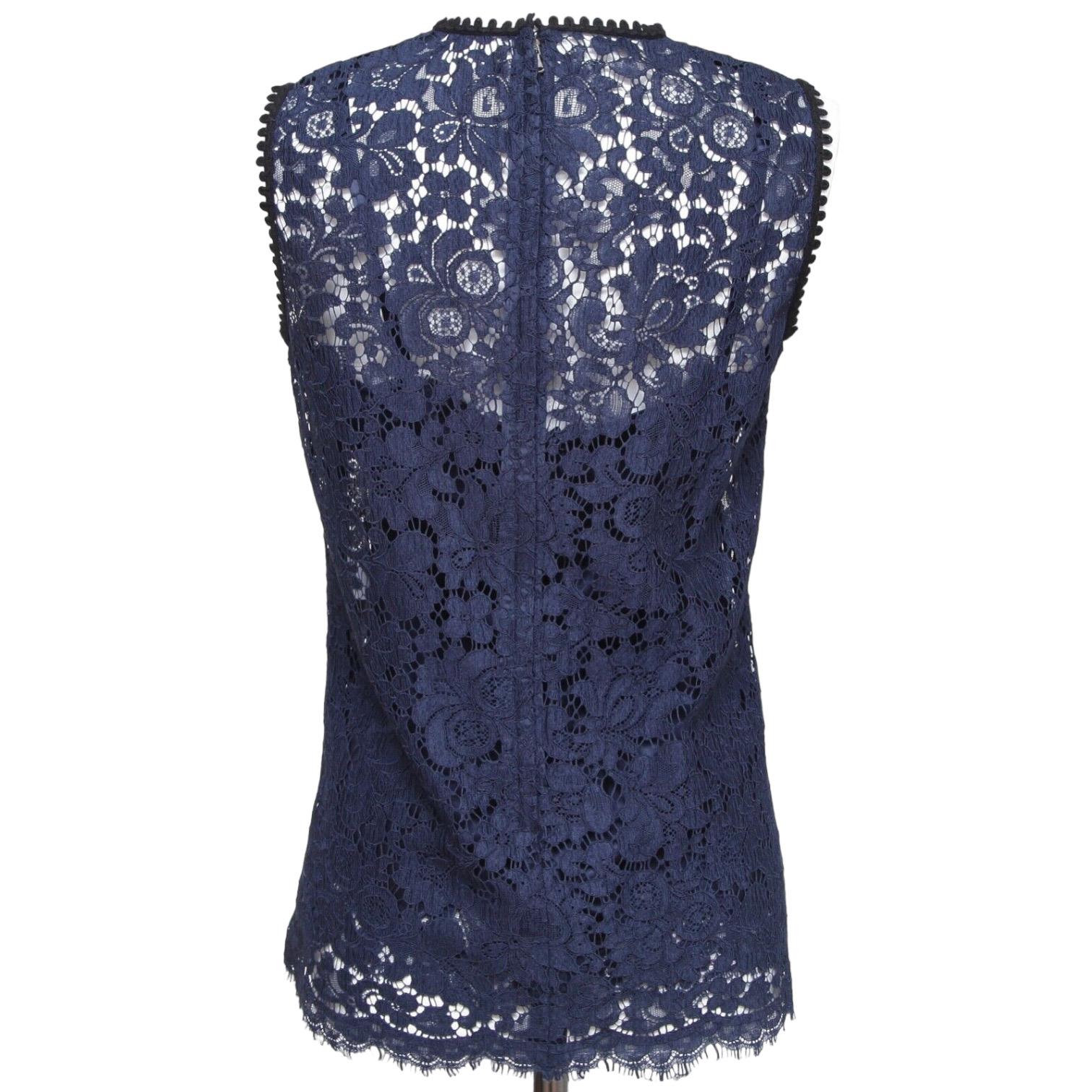 DOLCE & GABBANA Blouse Shirt Top Navy Blue Black Sleeveless Lace Sz 40 Ret $1495 For Sale 2