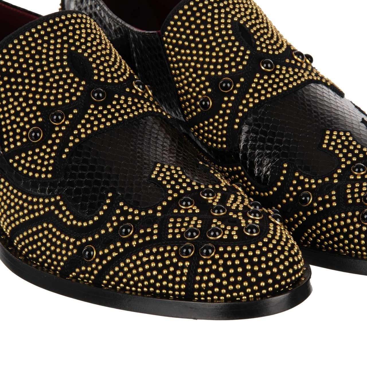- Snake skin loafer shoes NAPLES with golden and black pearls and studs by DOLCE & GABBANA - MADE IN ITALY - Former RRP: UR 1,899 - New with Box - Model: A50265-A2S36-8B956 - Material: 90% Snake skin, 10% Goatskin - Sole: Leather - Color: Black /