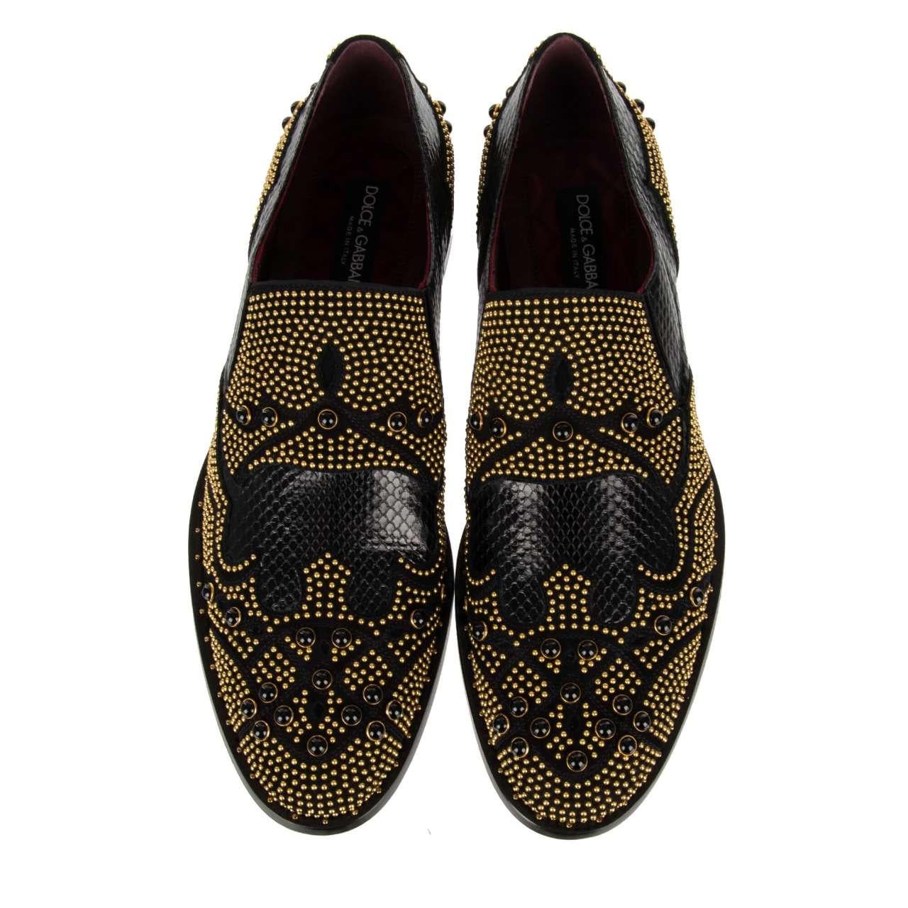 Dolce & Gabbana Snake Studs Pearl Shoes Loafer NAPLES Black Gold 44 UK 10 US 11 For Sale 2
