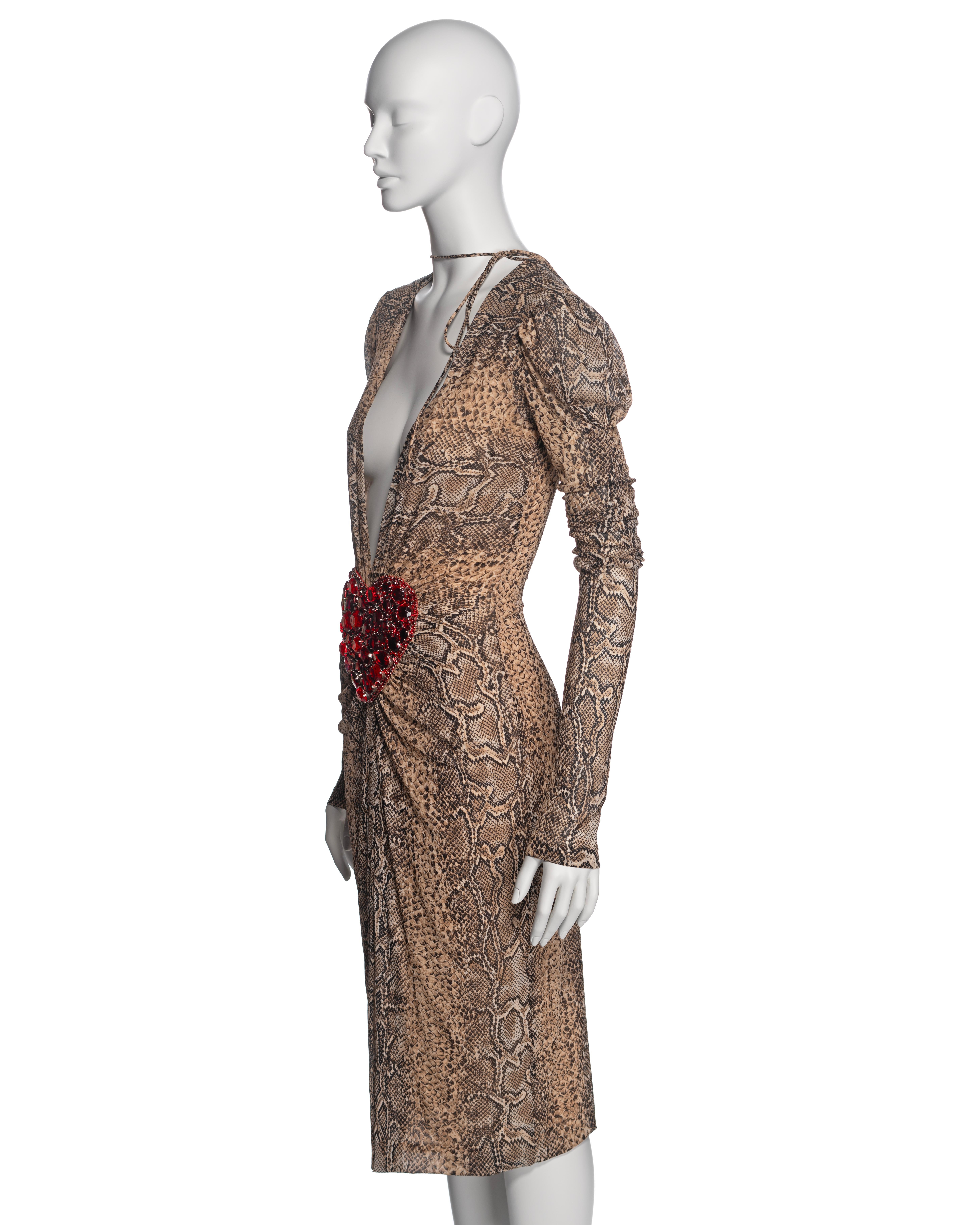 Dolce & Gabbana Snakeskin Print Low Plunge Dress with Crystal Heart, SS 2005 For Sale 6