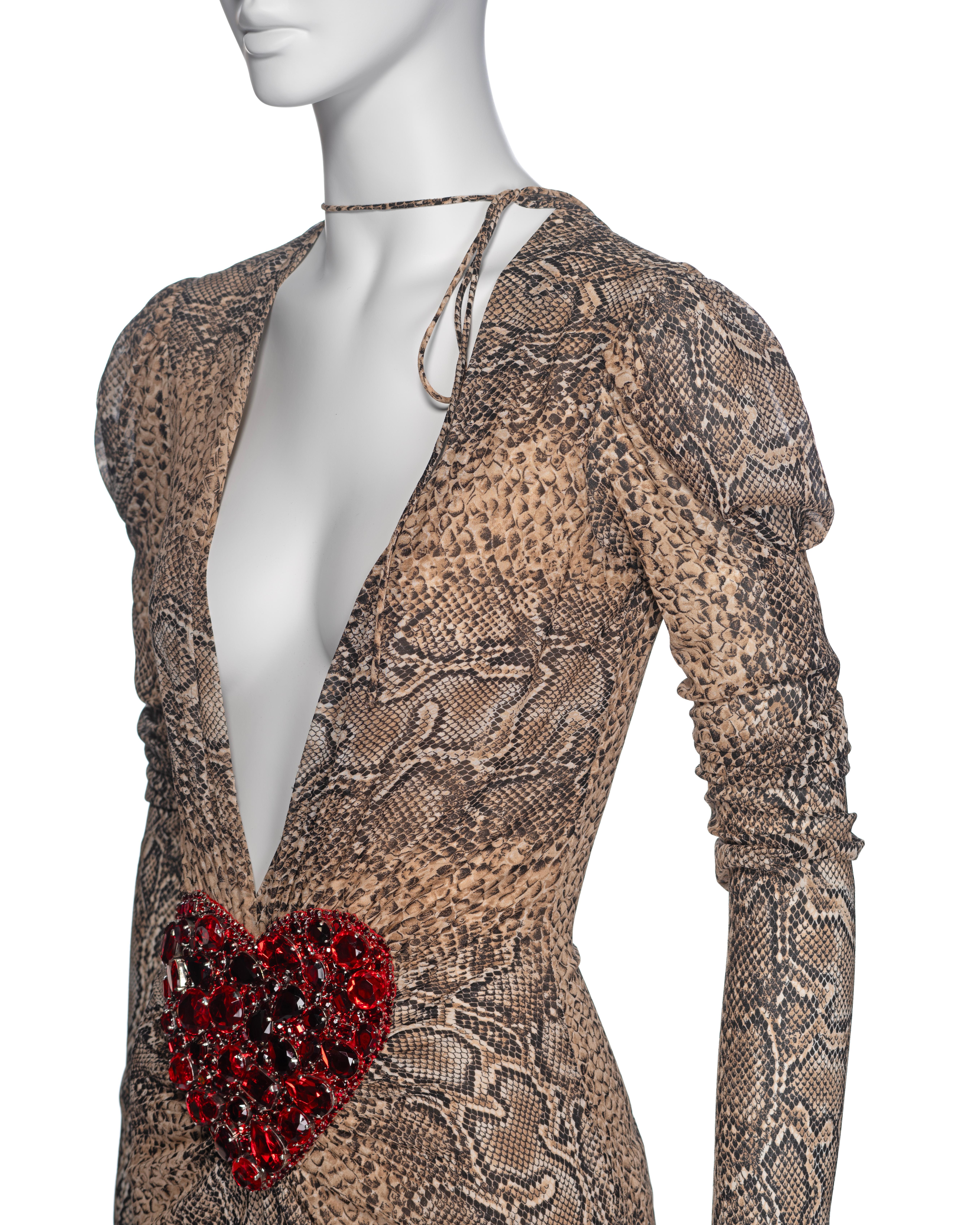 Dolce & Gabbana Snakeskin Print Low Plunge Dress with Crystal Heart, SS 2005 For Sale 8