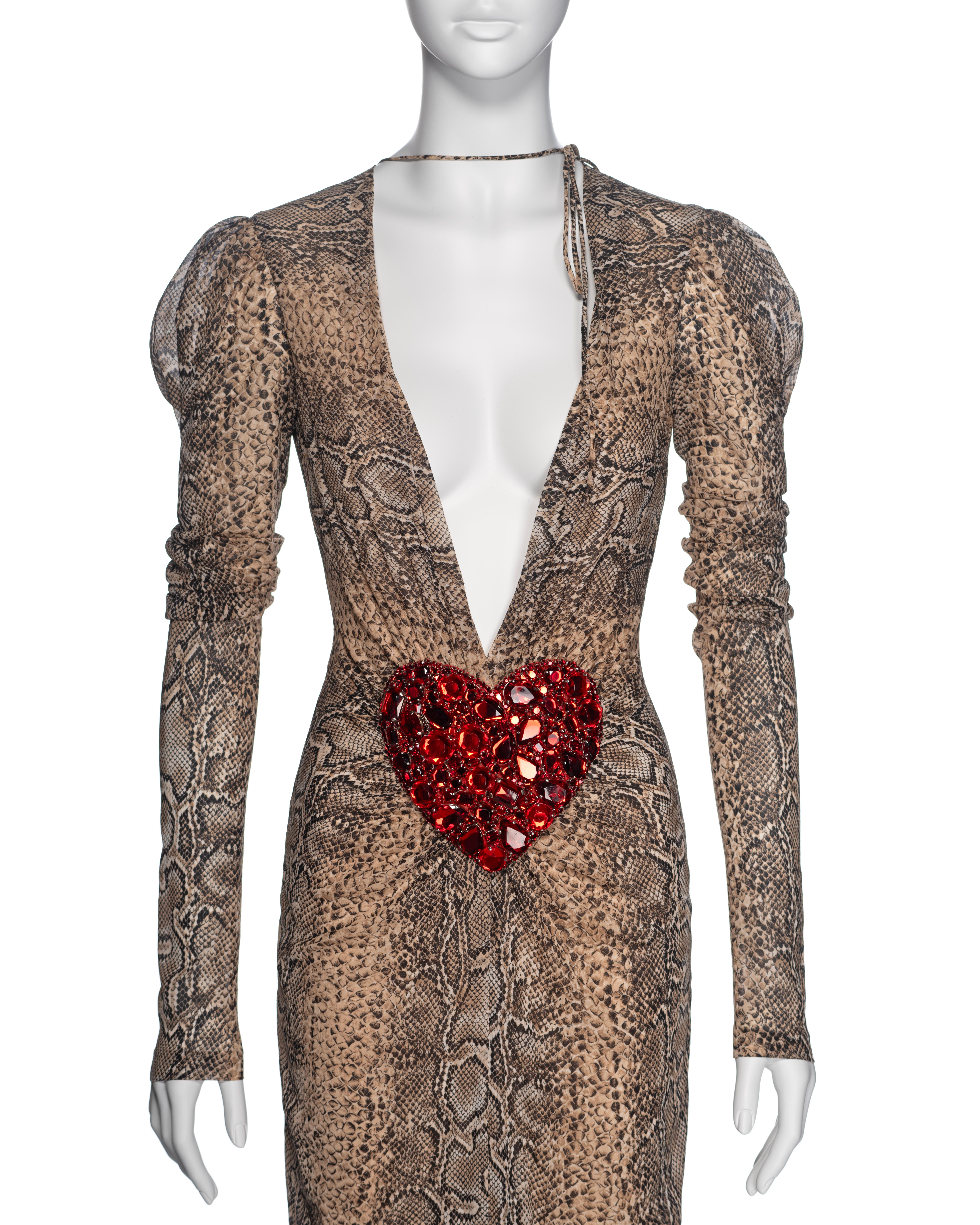 Women's Dolce & Gabbana Snakeskin Print Low Plunge Dress with Crystal Heart, SS 2005 For Sale