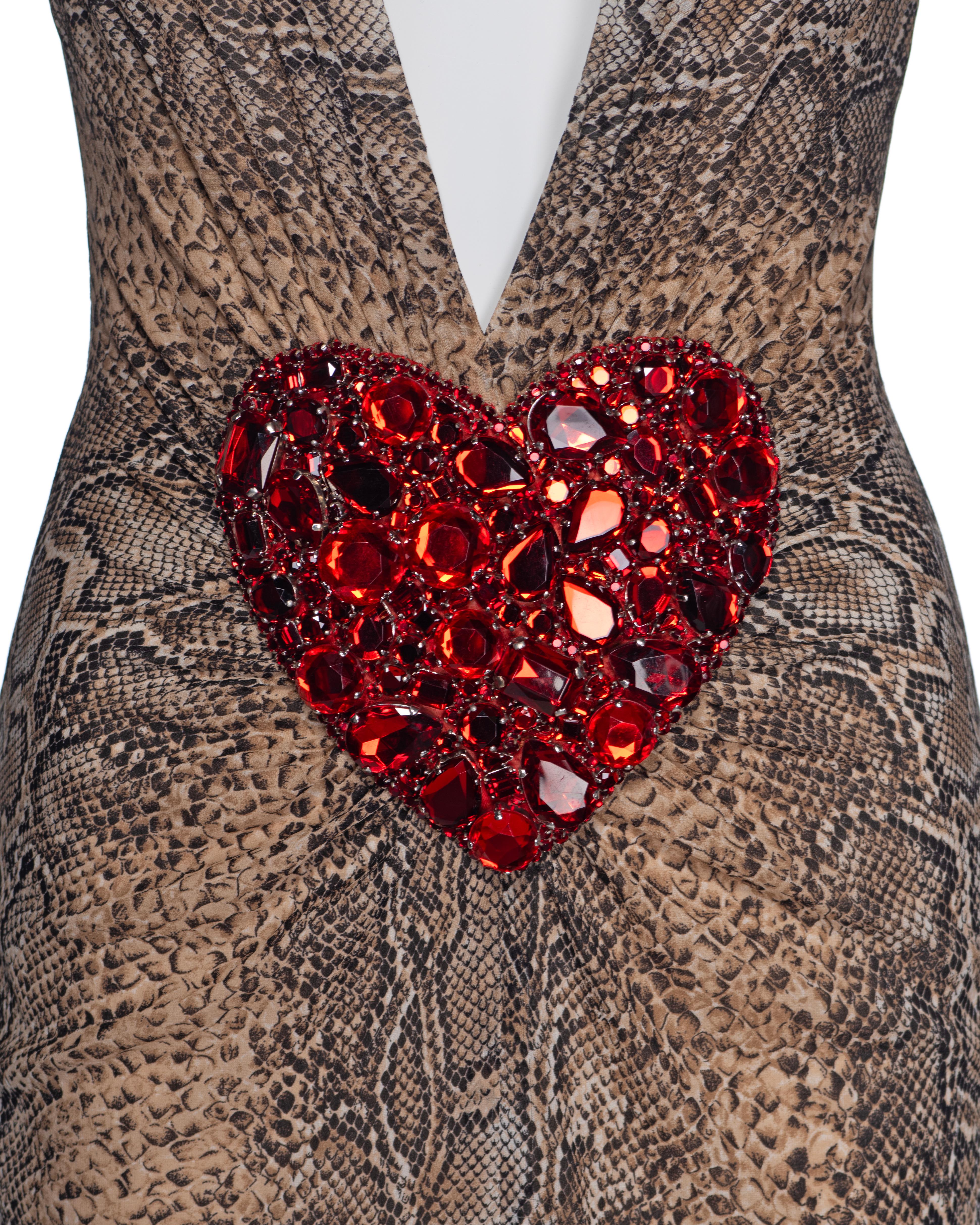 Dolce & Gabbana Snakeskin Print Low Plunge Dress with Crystal Heart, SS 2005 For Sale 1