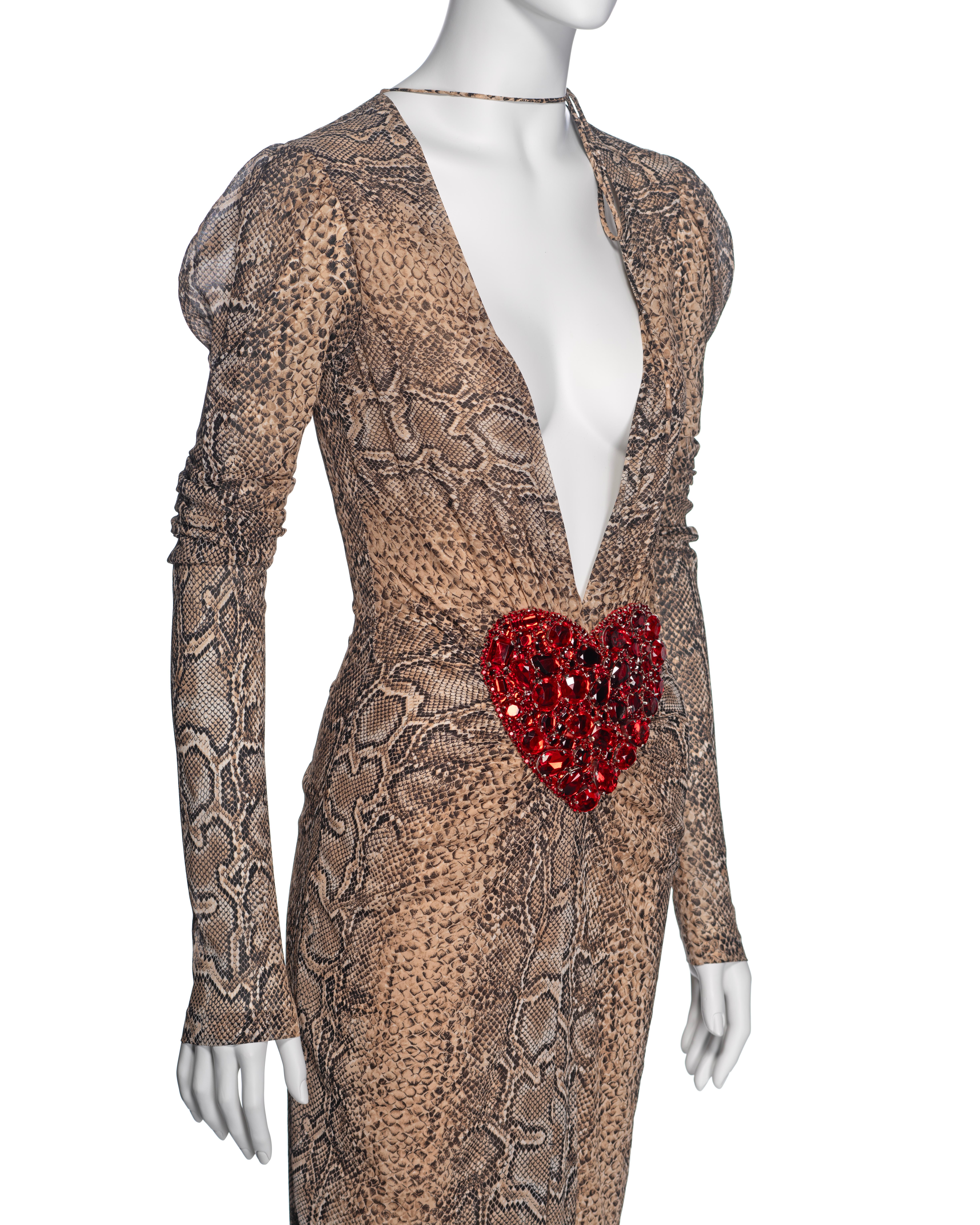 Dolce & Gabbana Snakeskin Print Low Plunge Dress with Crystal Heart, SS 2005 For Sale 3