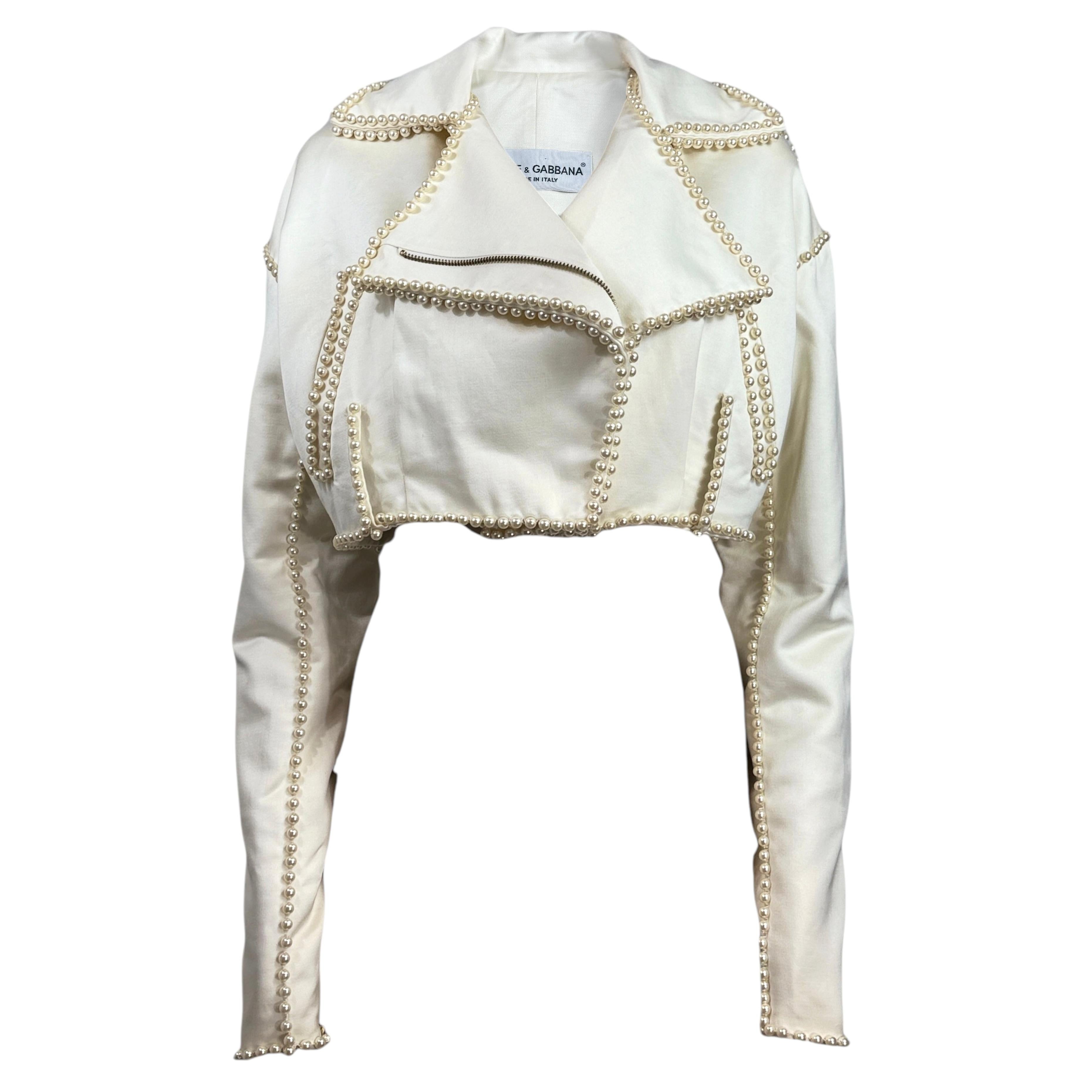 Dolce Gabbana Spring 1992 Cropped ecru perfecto faux pearls