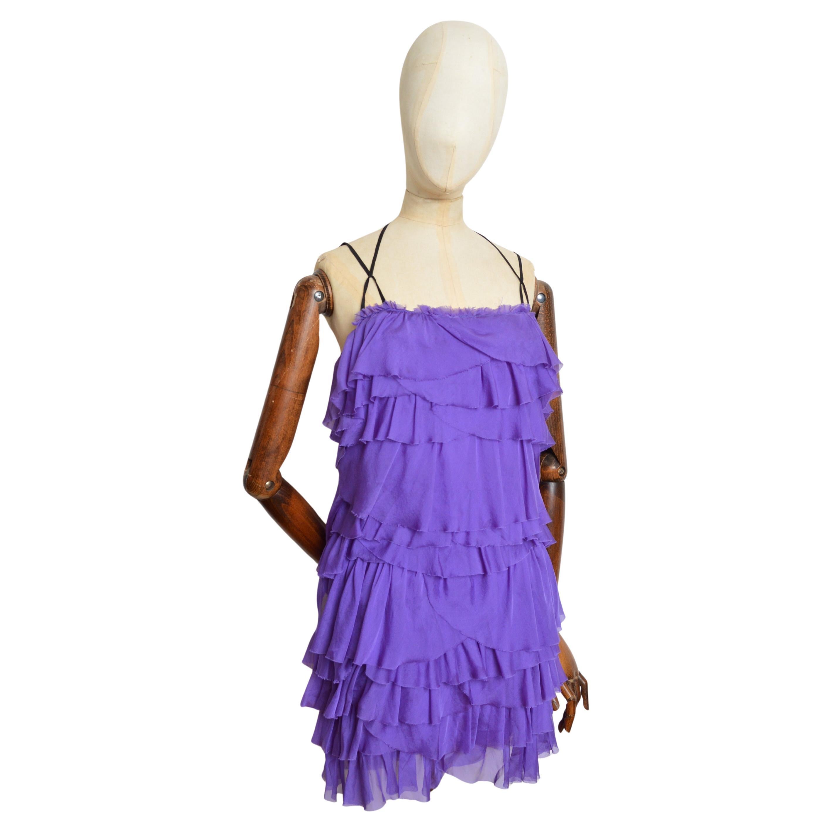Dolce & Gabbana Primavera 2005: mini abito a strappi in pura seta viola con balze