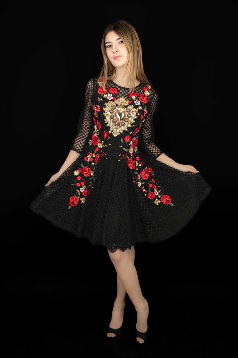 black dress embroidered roses RIXO Iggy Embroidered Linen Rose Trail Embroidery Black main image 0
