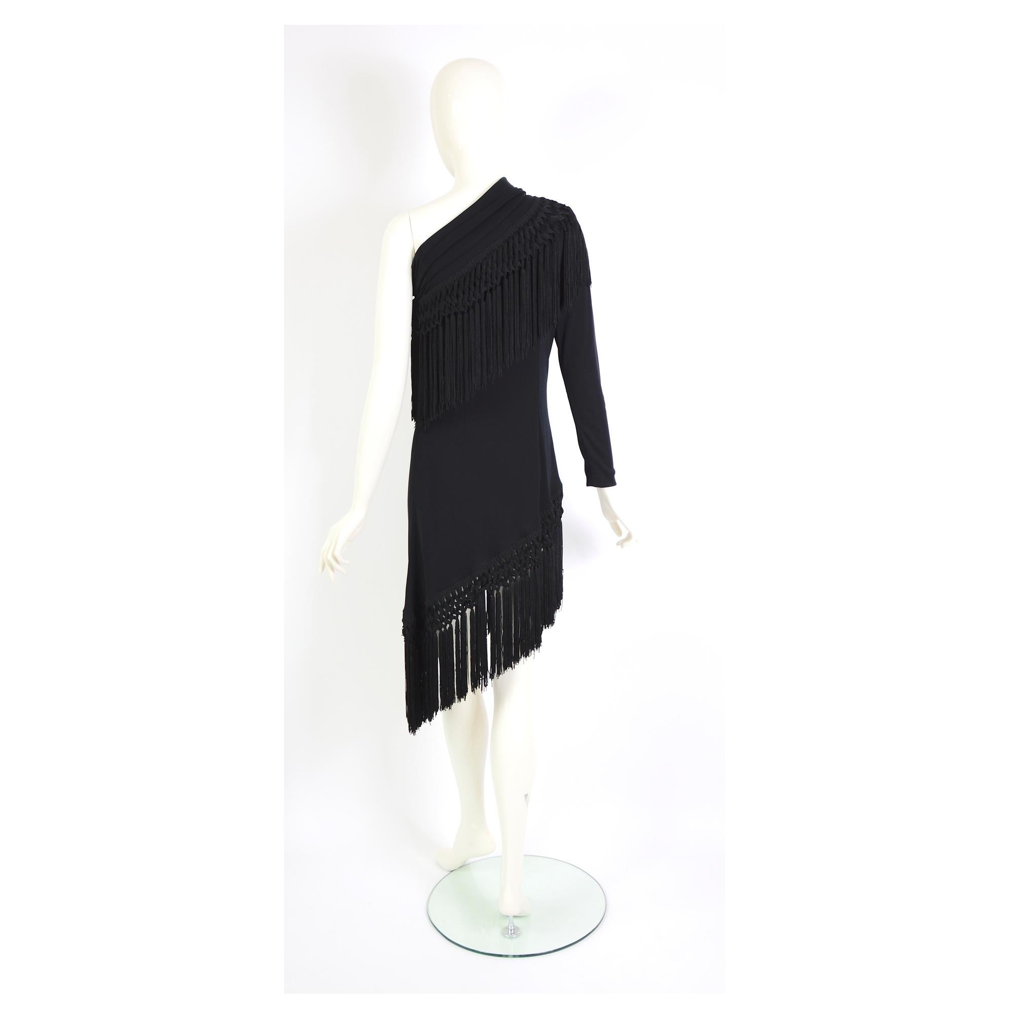 Black Dolce & Gabbana spring summer 2015 one sleeve black jersey & tassel  dress  For Sale