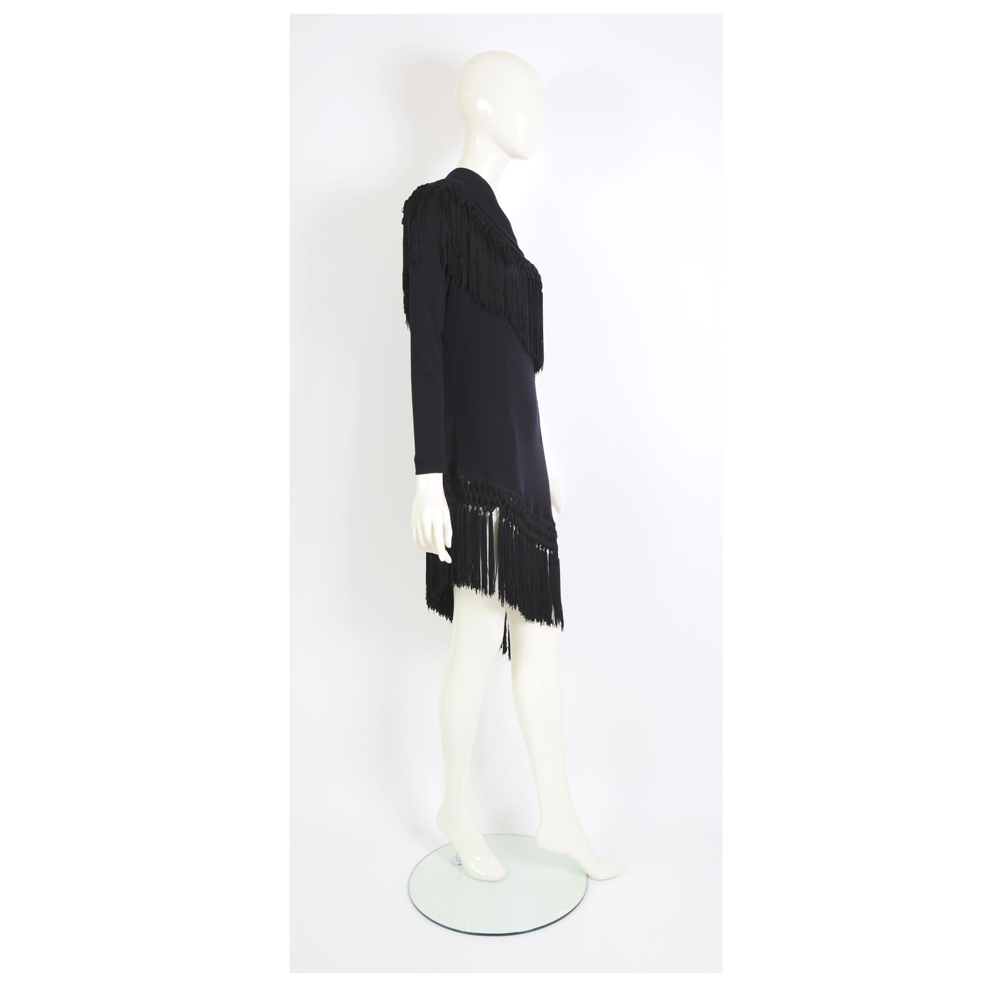 Women's Dolce & Gabbana spring summer 2015 one sleeve black jersey & tassel  dress  For Sale