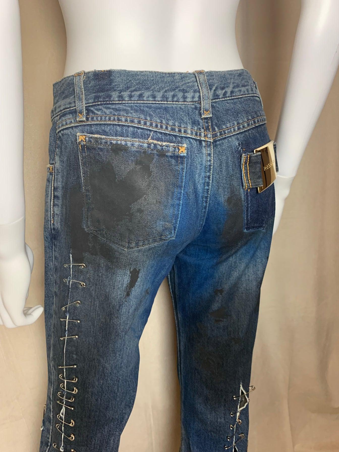 Dolce & Gabbana SS 2001 Graffiti Punk Jeans with Safety Pins In New Condition In Avon, CT