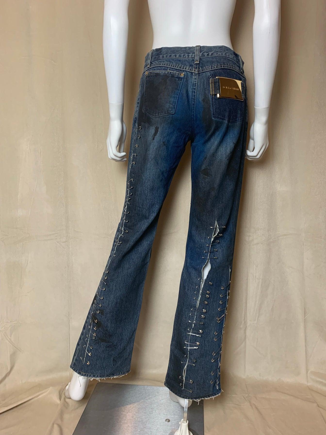 Women's Dolce & Gabbana SS 2001 Graffiti Punk Jeans with Safety Pins