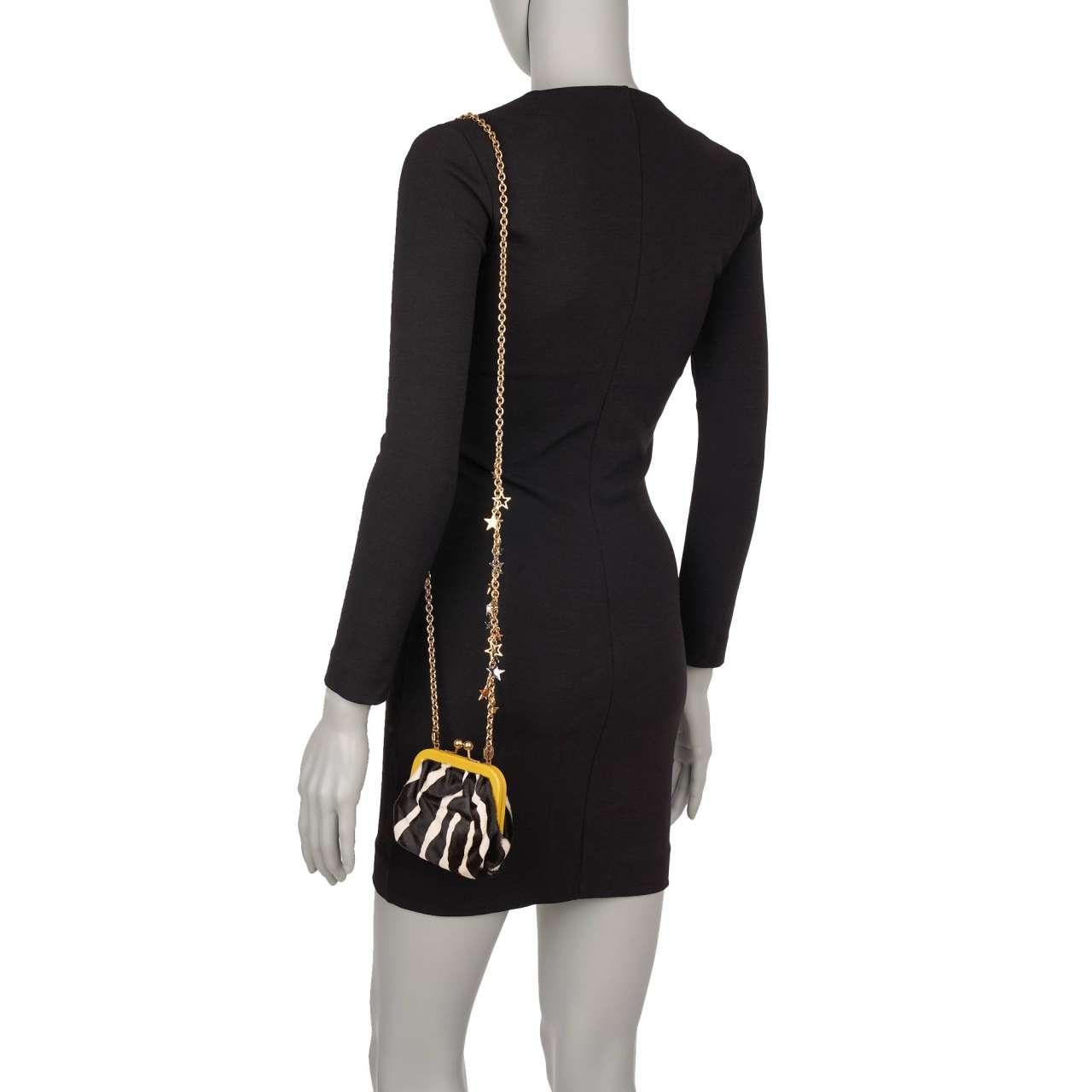 Women's Dolce & Gabbana Star Metal Chain Zebra Fur Clutch Purse Bag Gold Black White For Sale