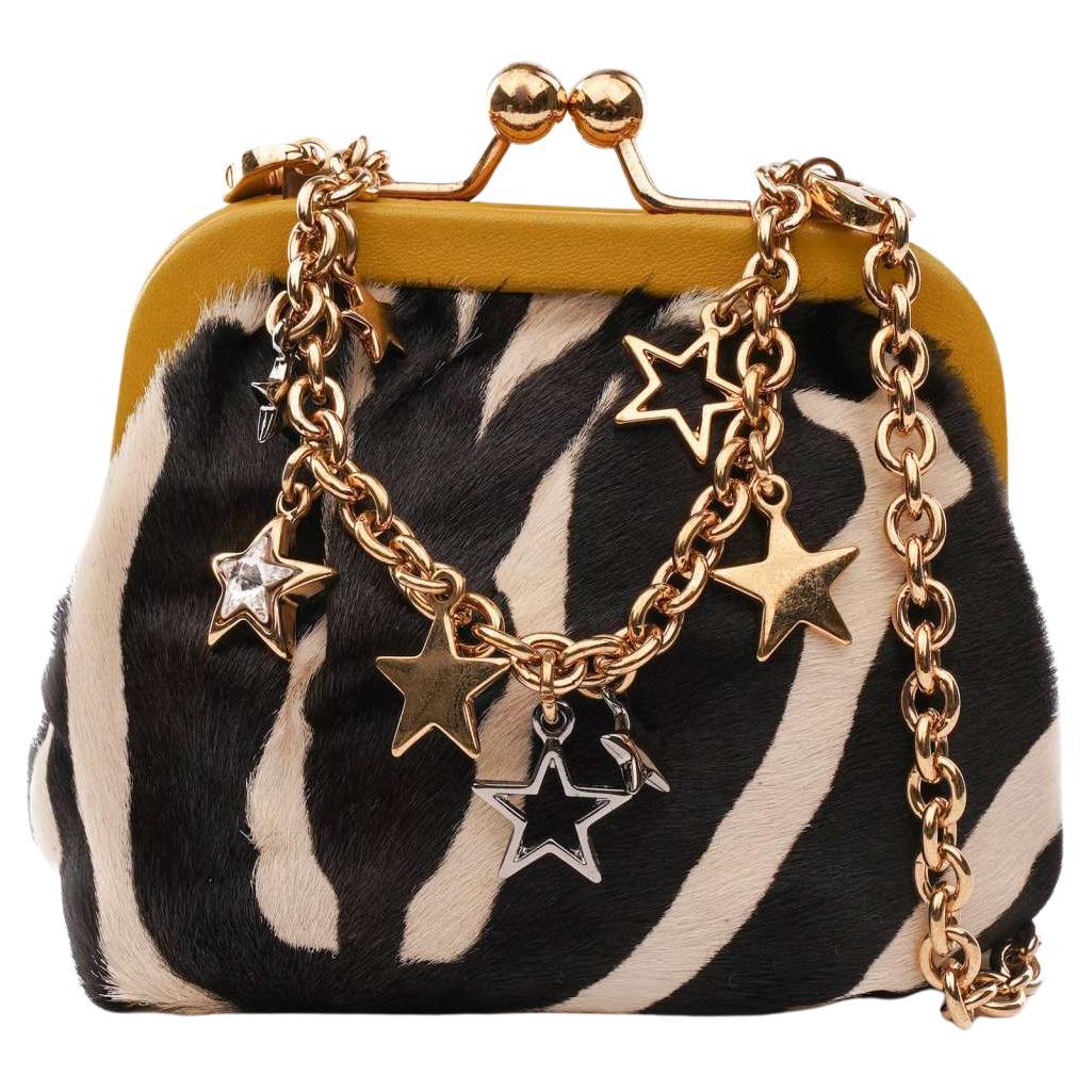 Dolce & Gabbana Star Metal Chain Zebra Fur Clutch Purse Bag Gold Black White For Sale