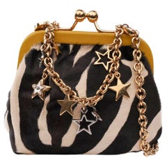 Dolce & Gabbana Star Metal Chain Zebra Fur Clutch Purse Bag Gold Black White