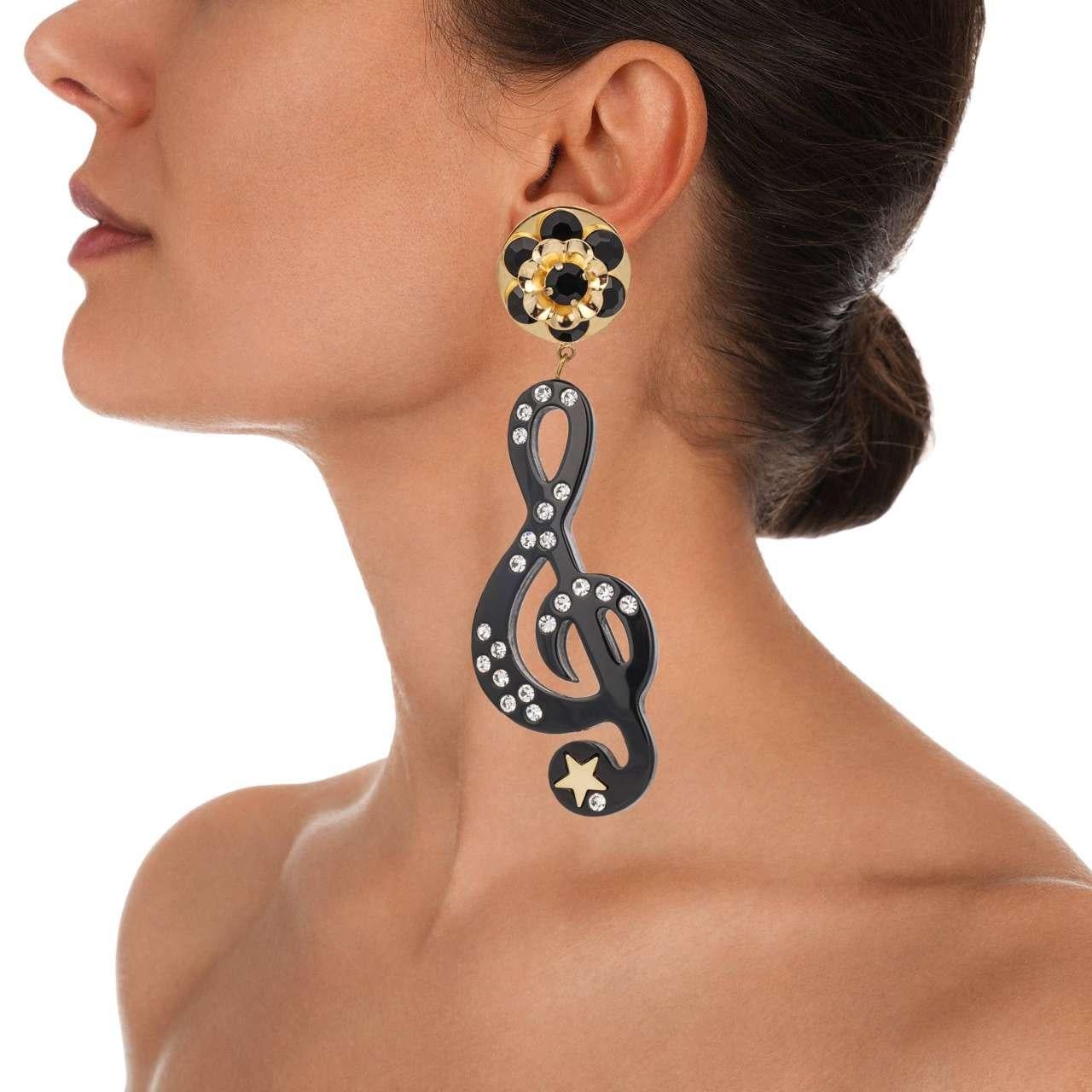 Dolce & Gabbana - Stelle Star Treble Clef Crystal Earrings Gold Black In Excellent Condition For Sale In Erkrath, DE