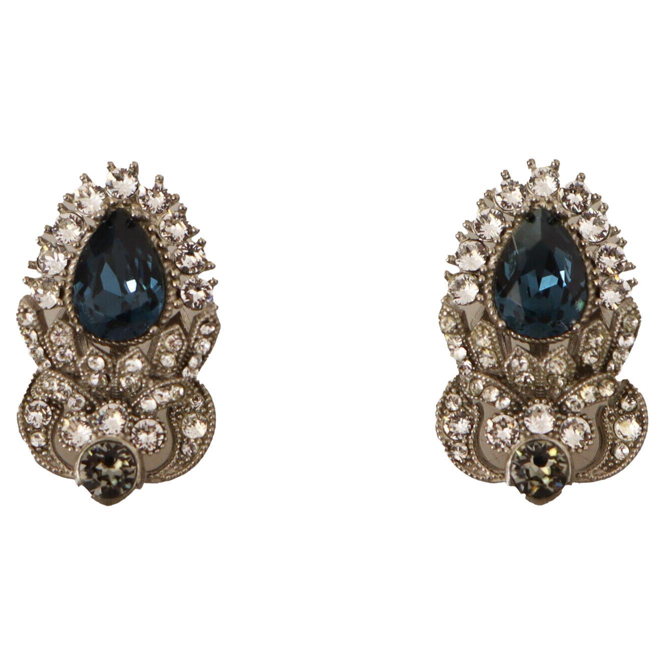 Dolce & Gabbana Sterling Silver Blue Crystal Drop Sicily Earrings Screw Back For Sale