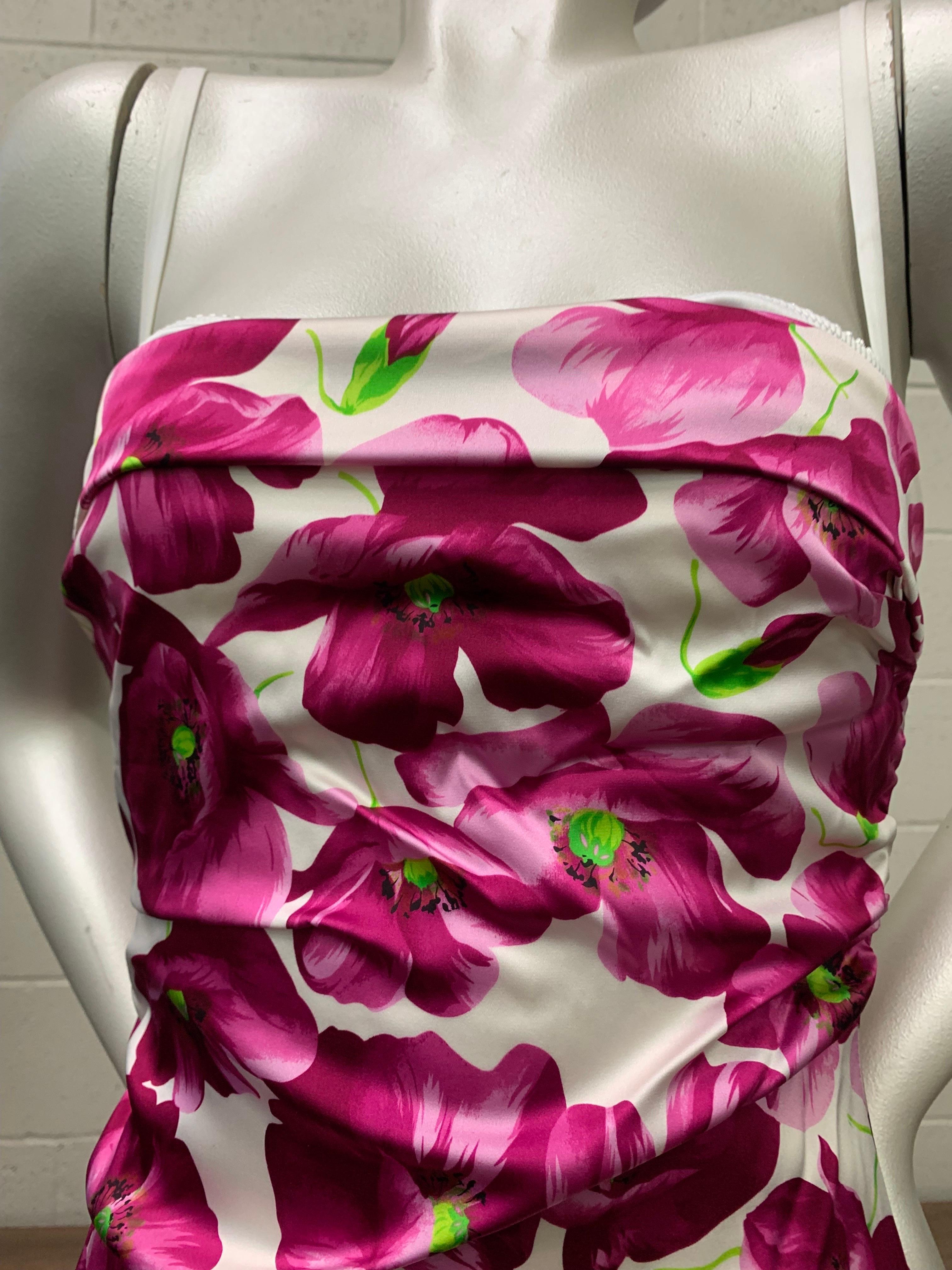 Brown Dolce & Gabbana Strapless Fuchsia Poppy Print Sheath Cocktail Dress Silk Satin For Sale