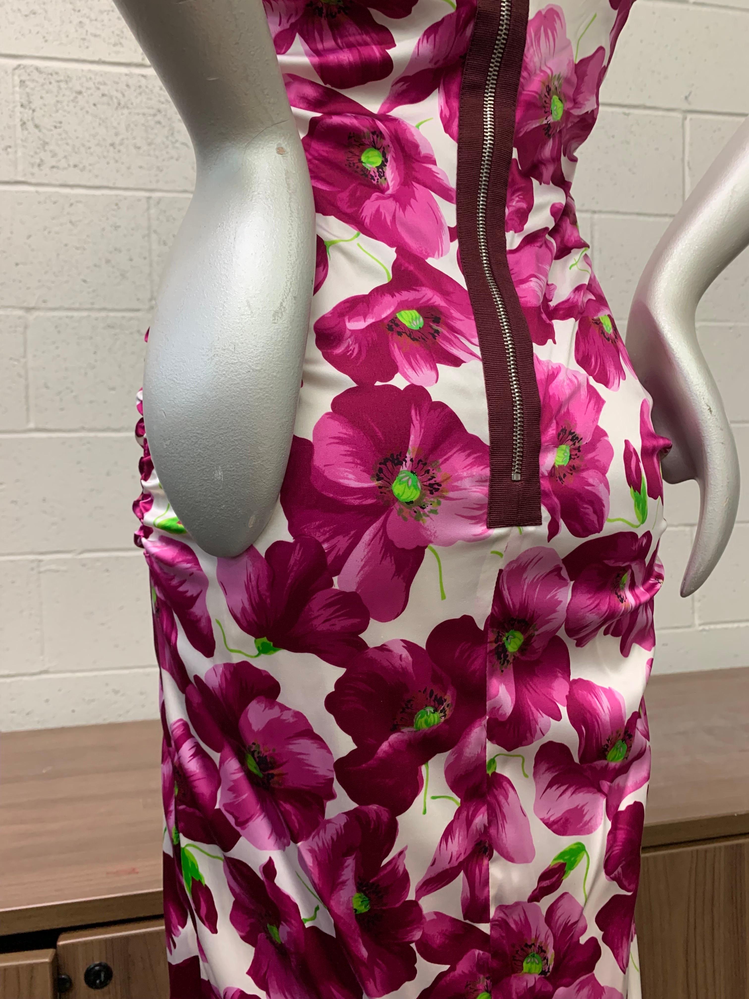 Women's Dolce & Gabbana Strapless Fuchsia Poppy Print Sheath Cocktail Dress Silk Satin For Sale