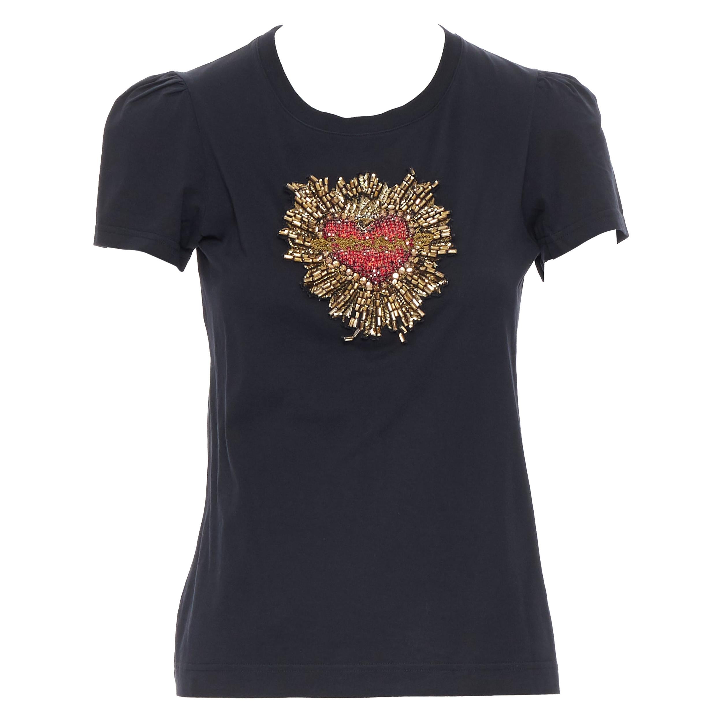 DOLCE GABBANA strass crystal bead embellished heart puff sleeve t-shirt IT40