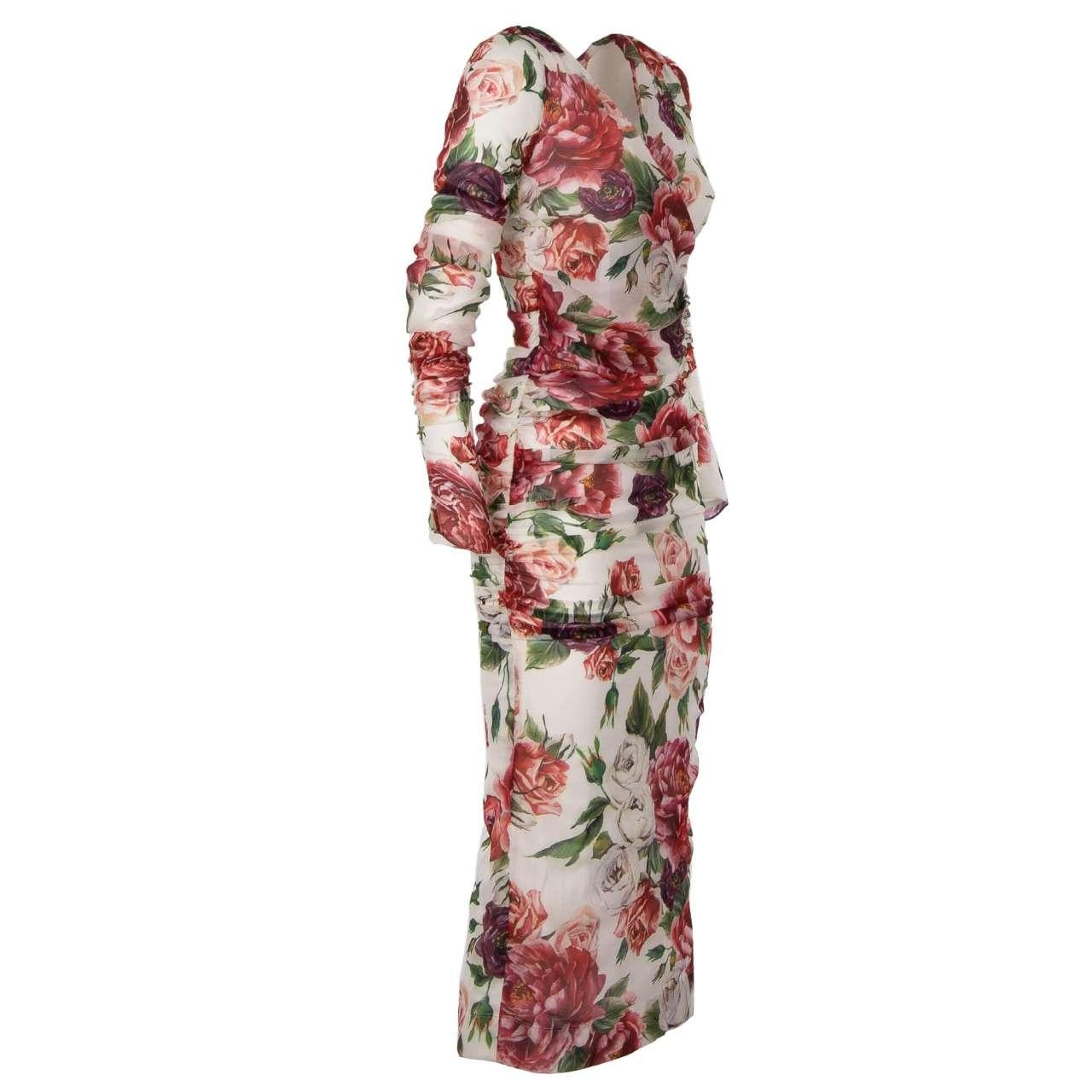 Dolce & Gabbana - Stretch Silk Peony Rose Dress White IT 40 In Excellent Condition In Erkrath, DE