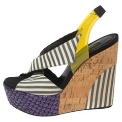 Dolce & Gabbana Striped Fabric & PVC Cross Strap Slingback Wedge Sandals Size 37