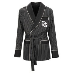 Dolce & Gabbana Striped Jacquard Robe Blazer DG Logo White Black 48 38 M